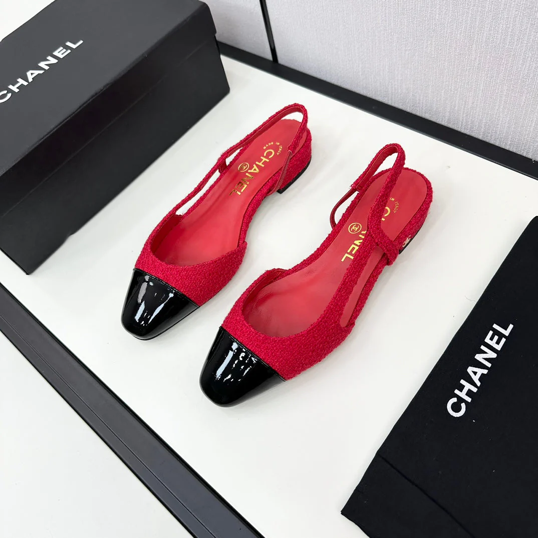 SLINGBACK ROSE RED TWEED AND BLACK CALFSKIN
