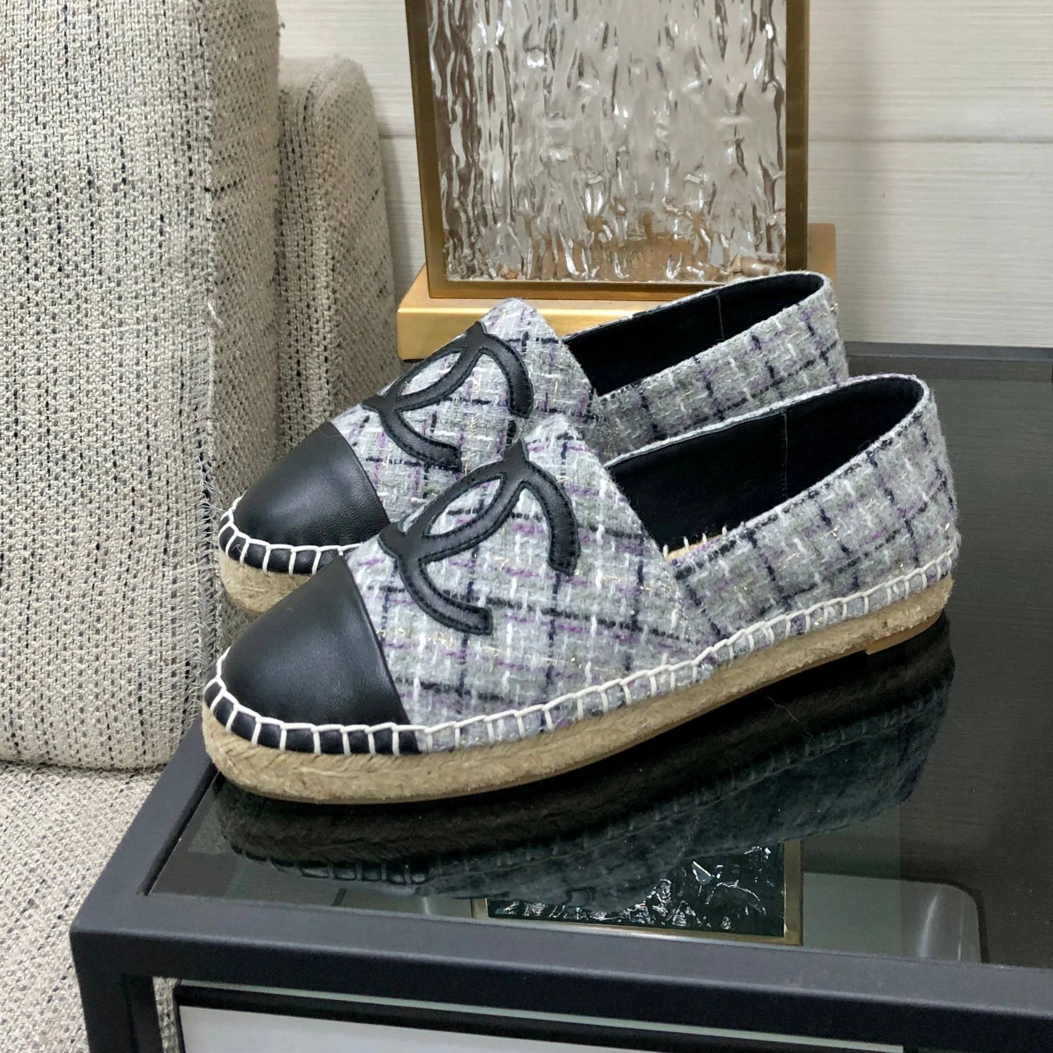 ESPADRILLE COLORFUL TWEED FABRIC AND BLACK CALFSKIN FLATS