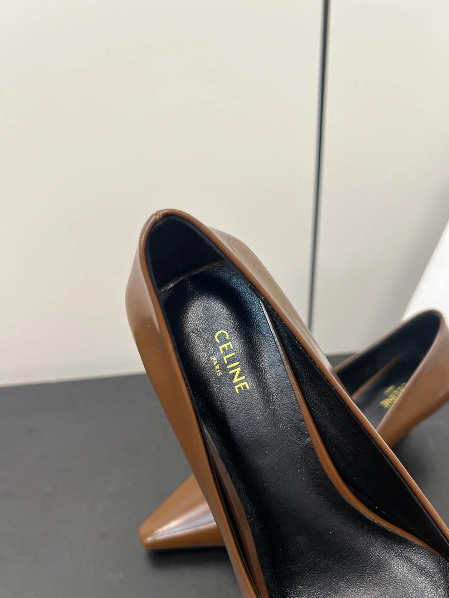 TRIOMPHE POINTED-TOE HIGH PUMPS IN BROWN SHINY CALFSKIN