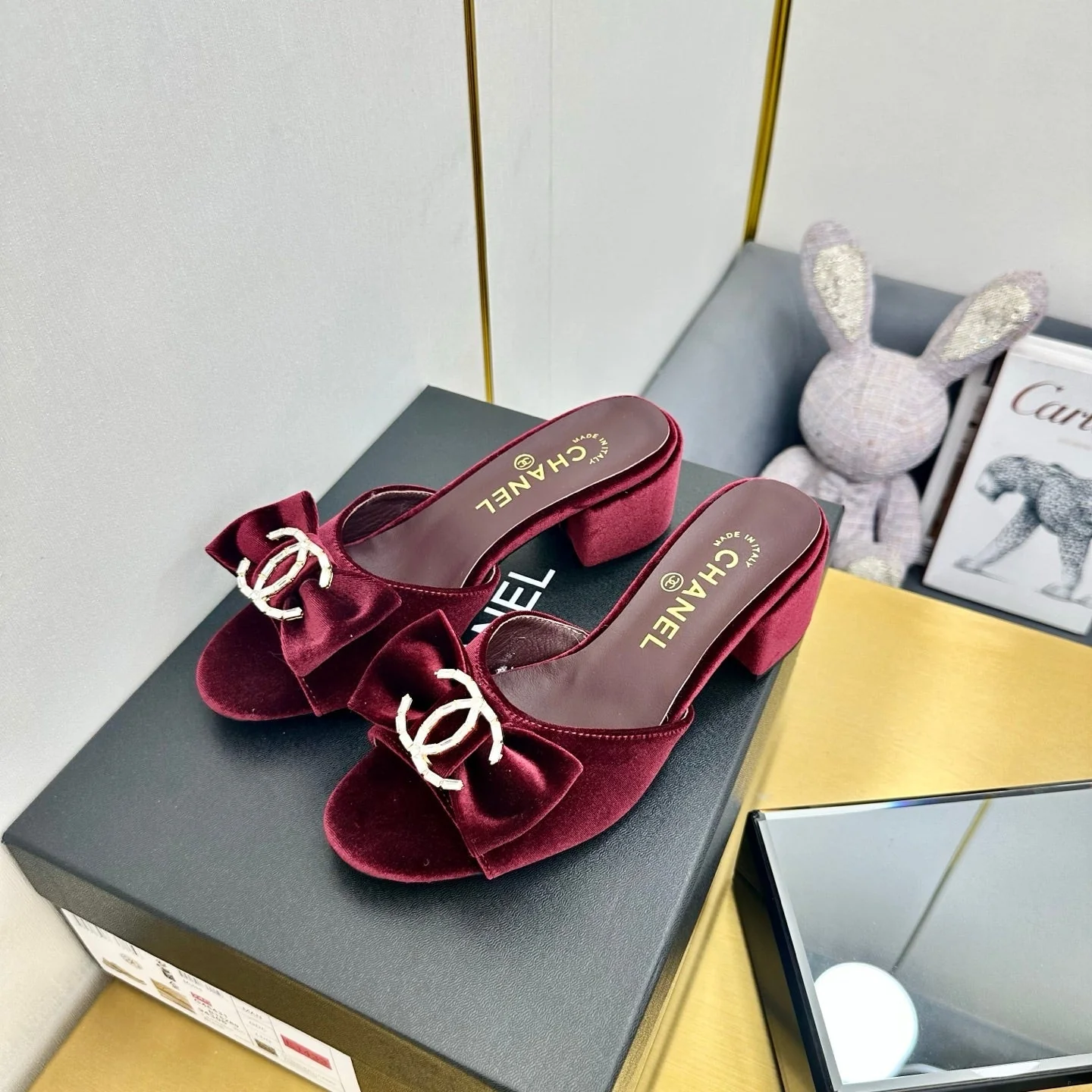BOWKNOT RHINESTONES MID HEEL MULE IN GARNET RED VELVET