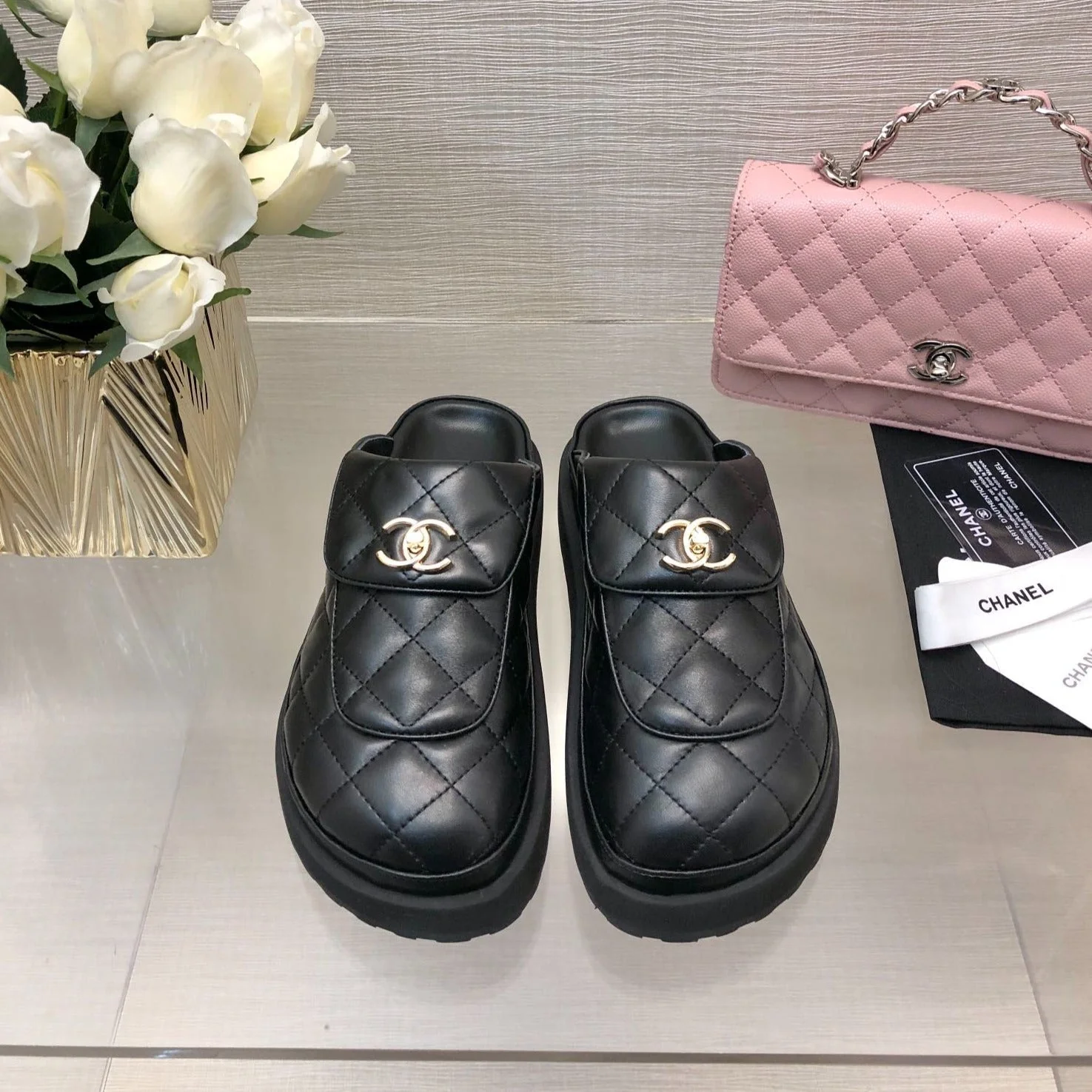CC TURNLOCK FLAP MULES BLACK LAMBSKIN