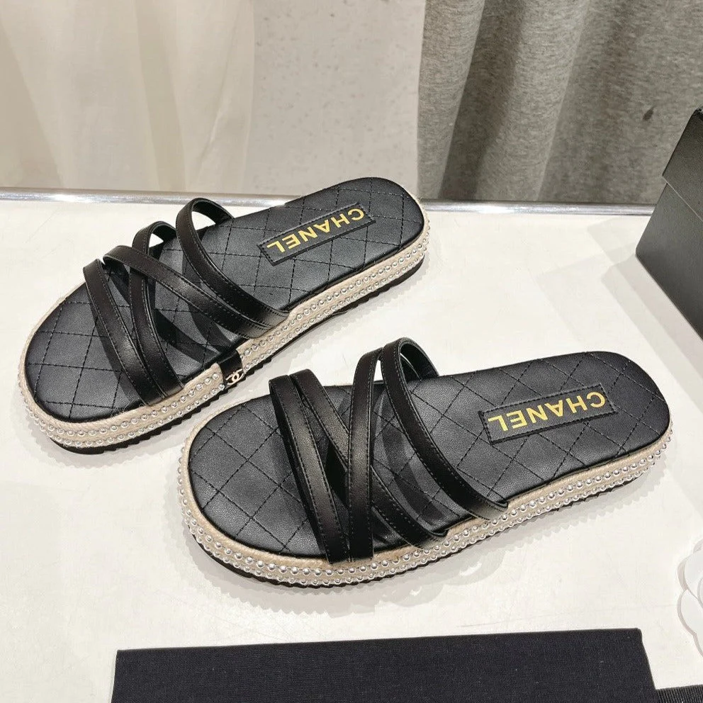 SLIPPERS CROSS STRAPS IN BLACK LAMBSKIN