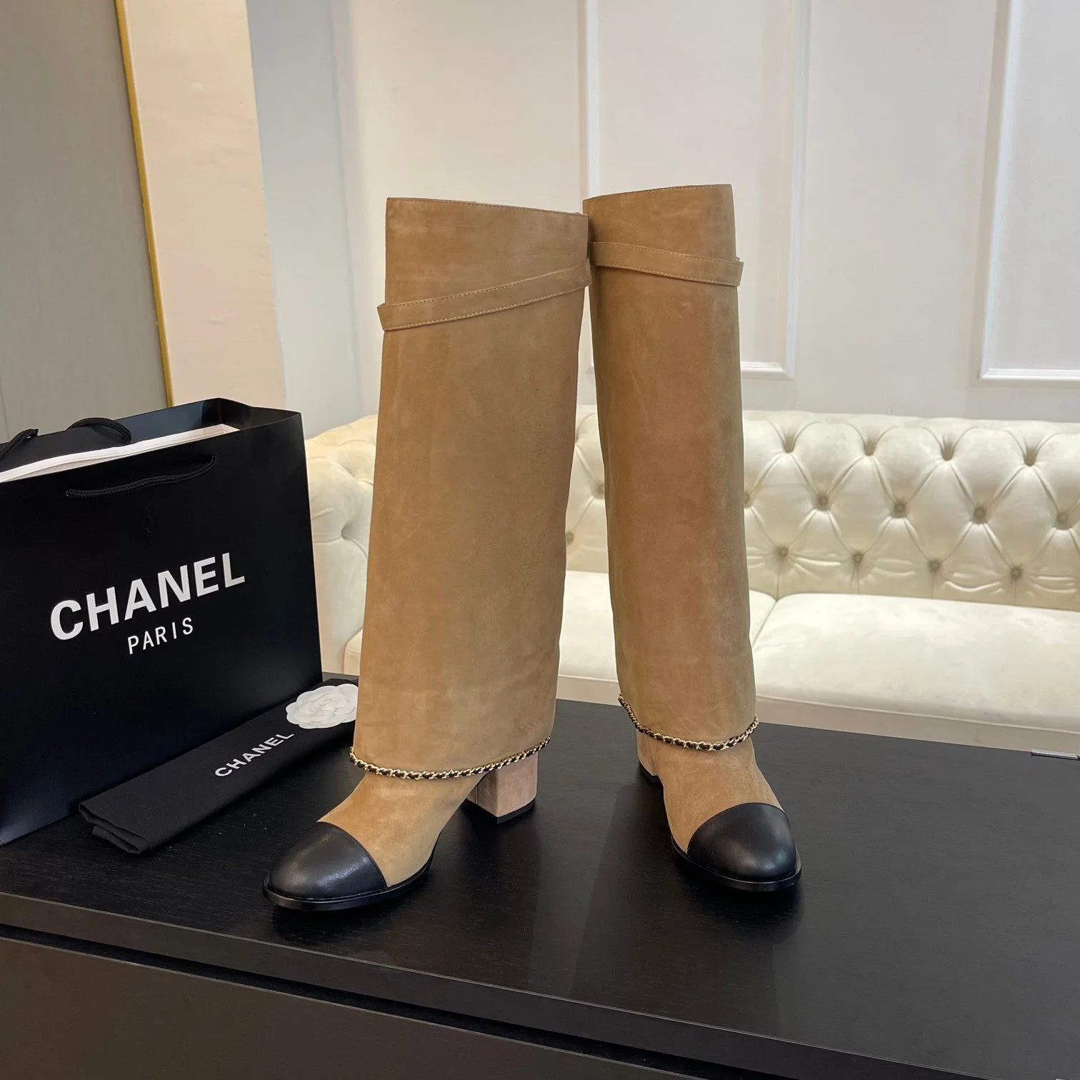 HIGH BOOTS 6.5 CM IN CIDER BROWN SUEDE AND BLACK CALFSKIN