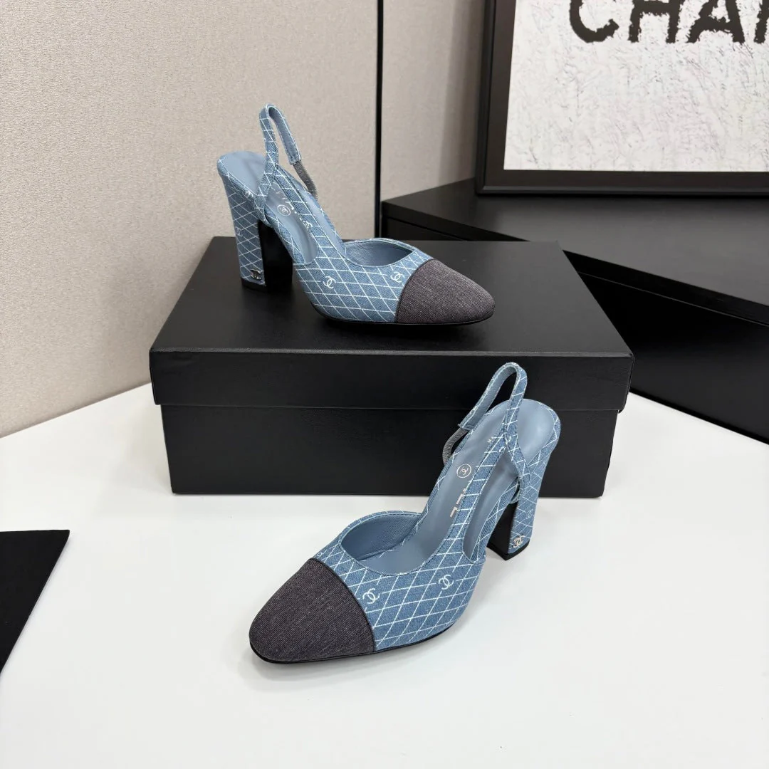 CC SLINGBACK 25S 90 MM IN BLUE DENIM WITH PLAID PATTERN