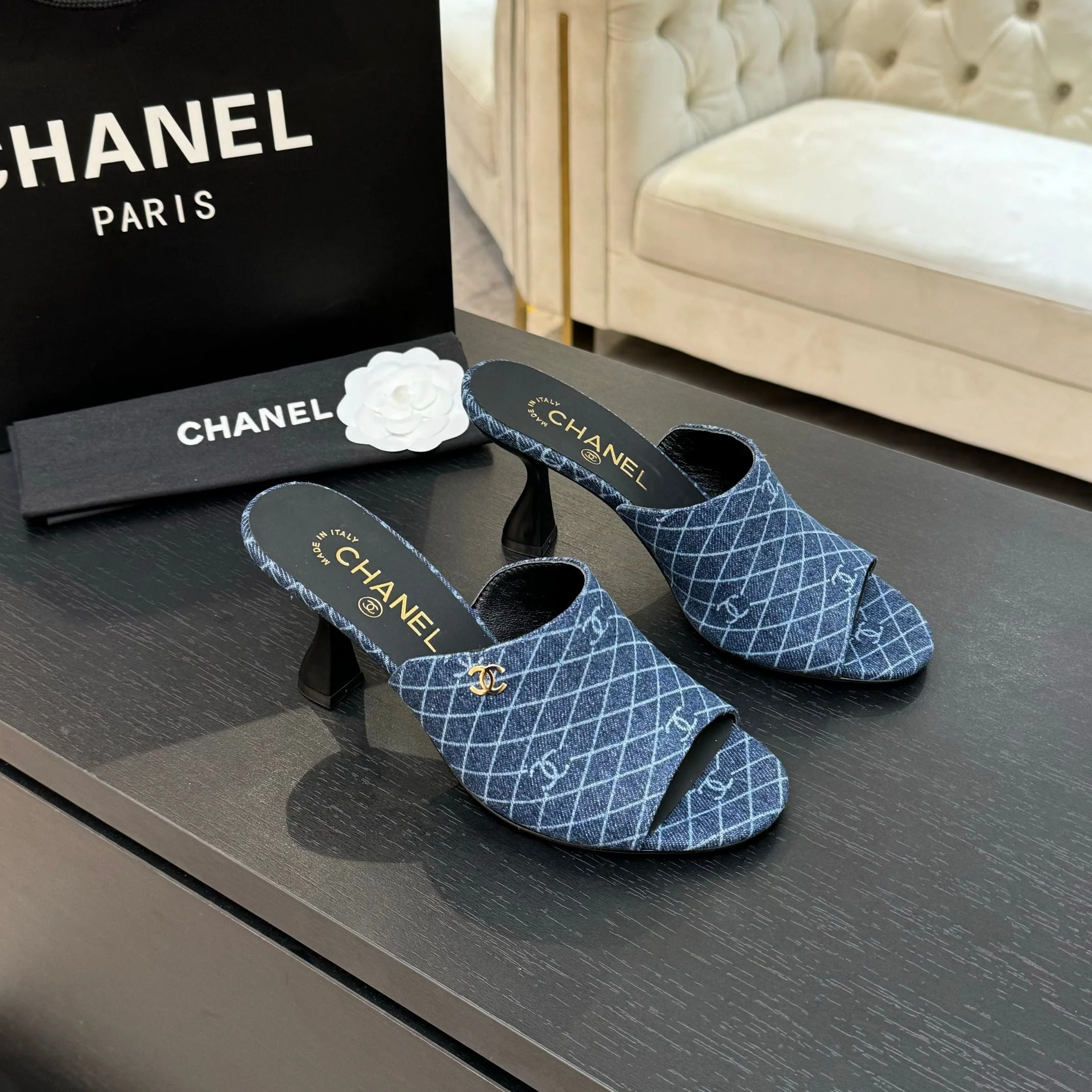 PEEP TOE MULE 85MM IN BLUE DENIM CHECKERED AND LOGO