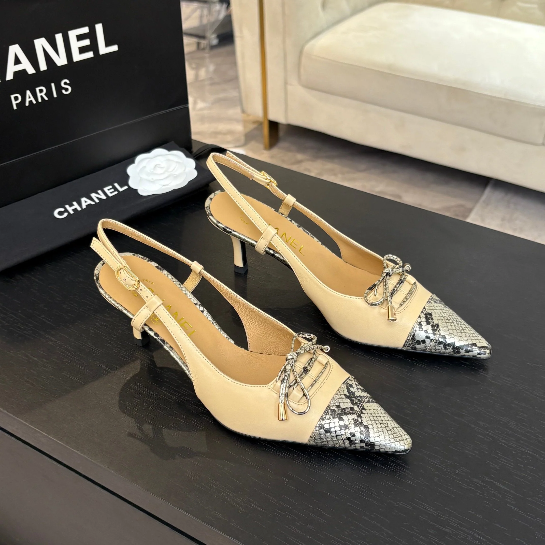 HIGH HEEL SLINGBACKS 65 MM IN FLAX YELLOW WITH SNAKESKIN PATTERN LAMBSKIN