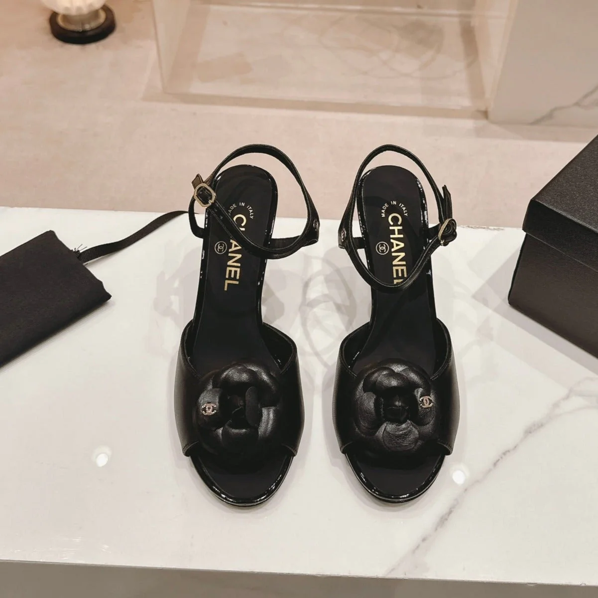 Double C New Camellia High Heel Sandals Black