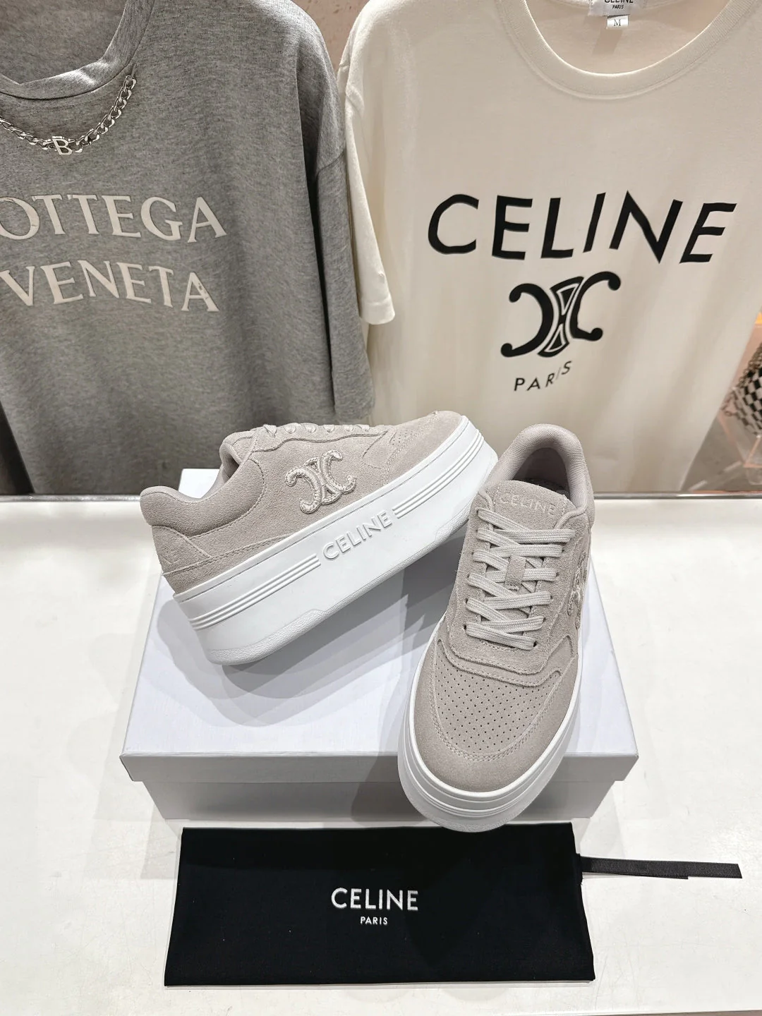 BLOCK SNEAKERS WITH EMBROIDERED TRIOMPHE IN MALIBU BEIGE SUEDE