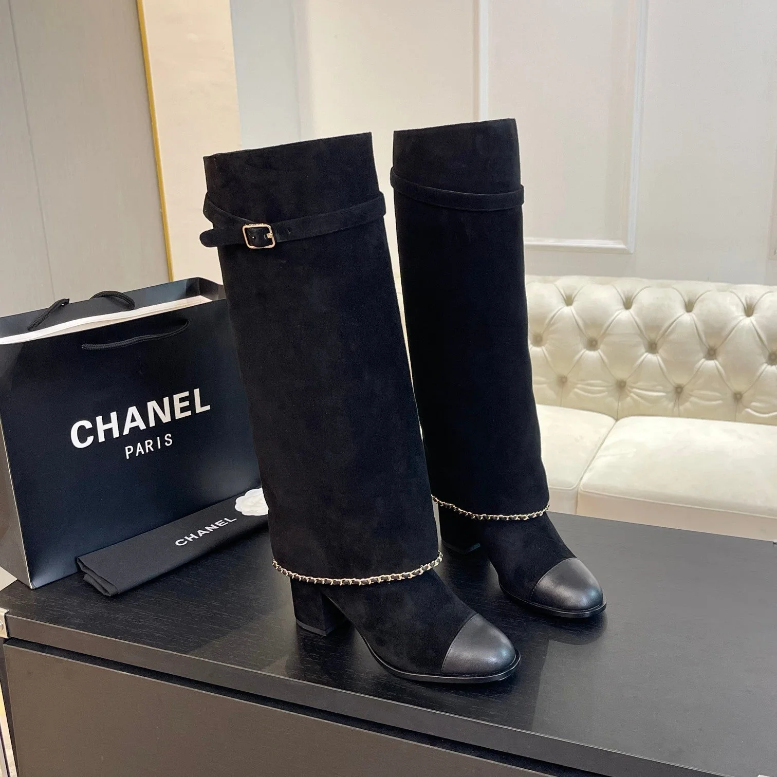 HIGH BOOTS 6.5 CM IN BLACK SUEDE AND CALFSKIN
