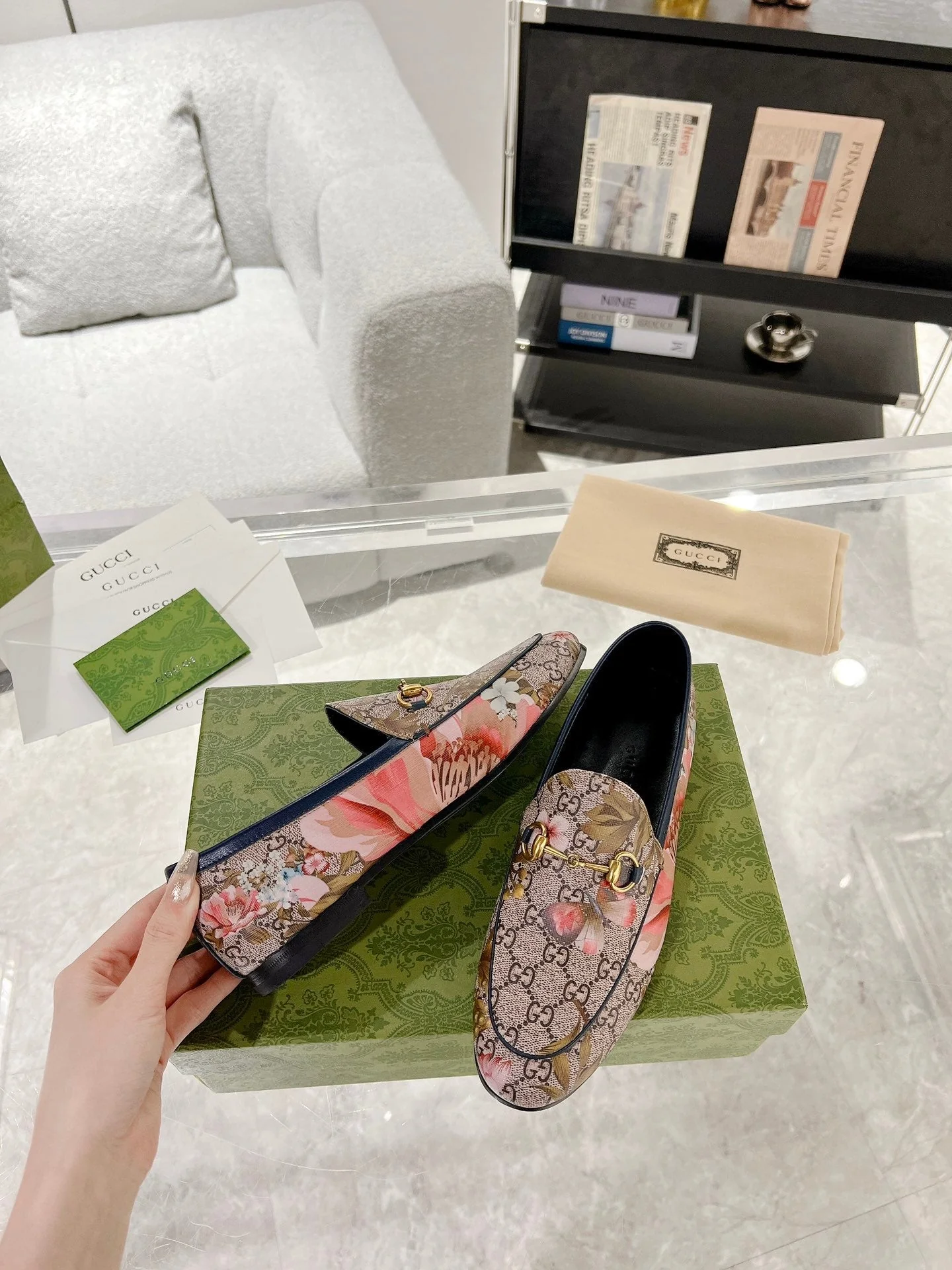 HORSEBIT LOAFER WITH FLOWER PRINT IN DARK BEIGE MONOGRAM JACQUARD FABRIC