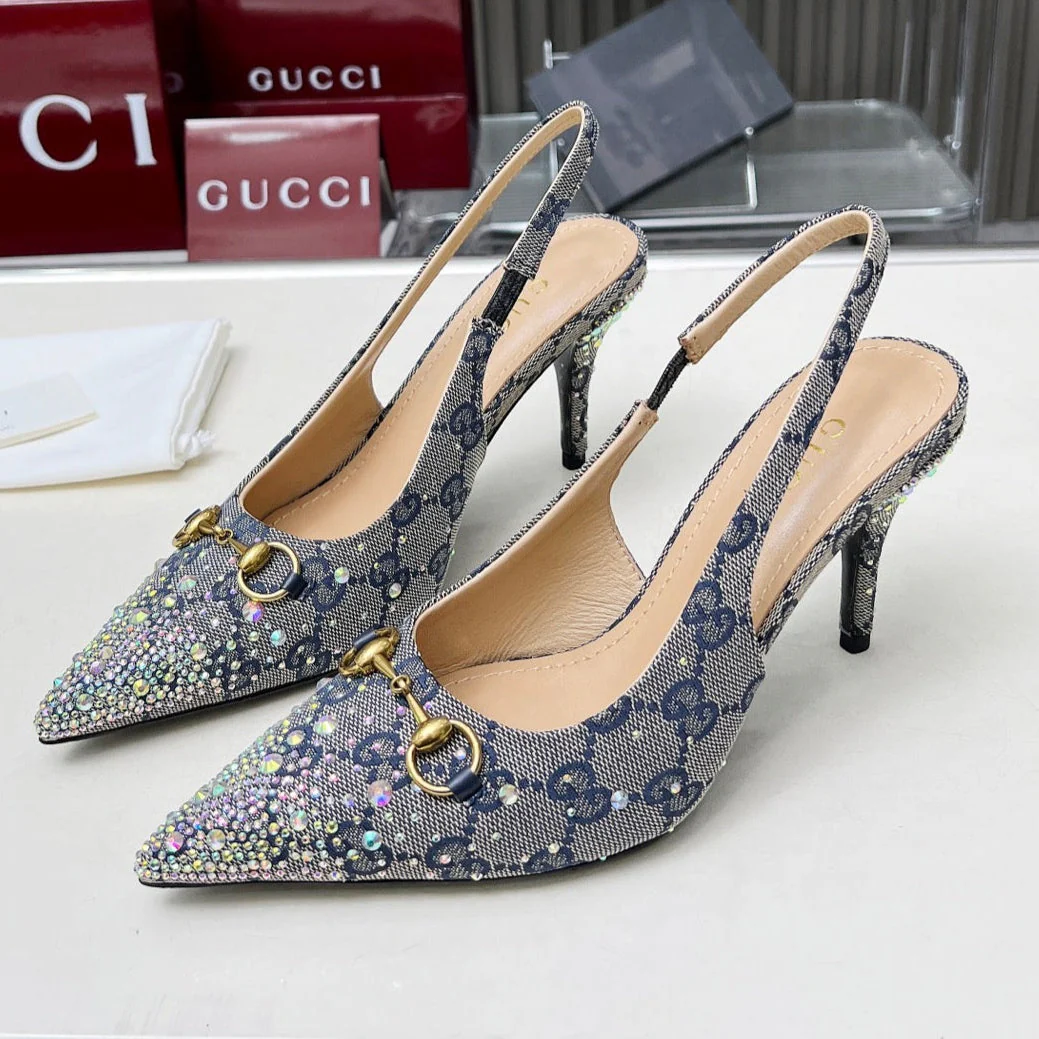 HORSEBIT SLINGBACKS IN DOVE GRAY MONOGRAM FABRIC WITH CRYSTALS