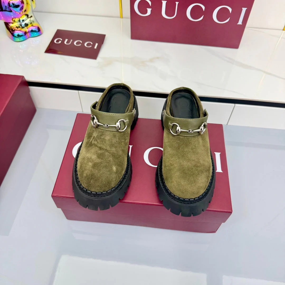 GG PLATFORM MULES 25S IN MOSS GREEN SUEDE