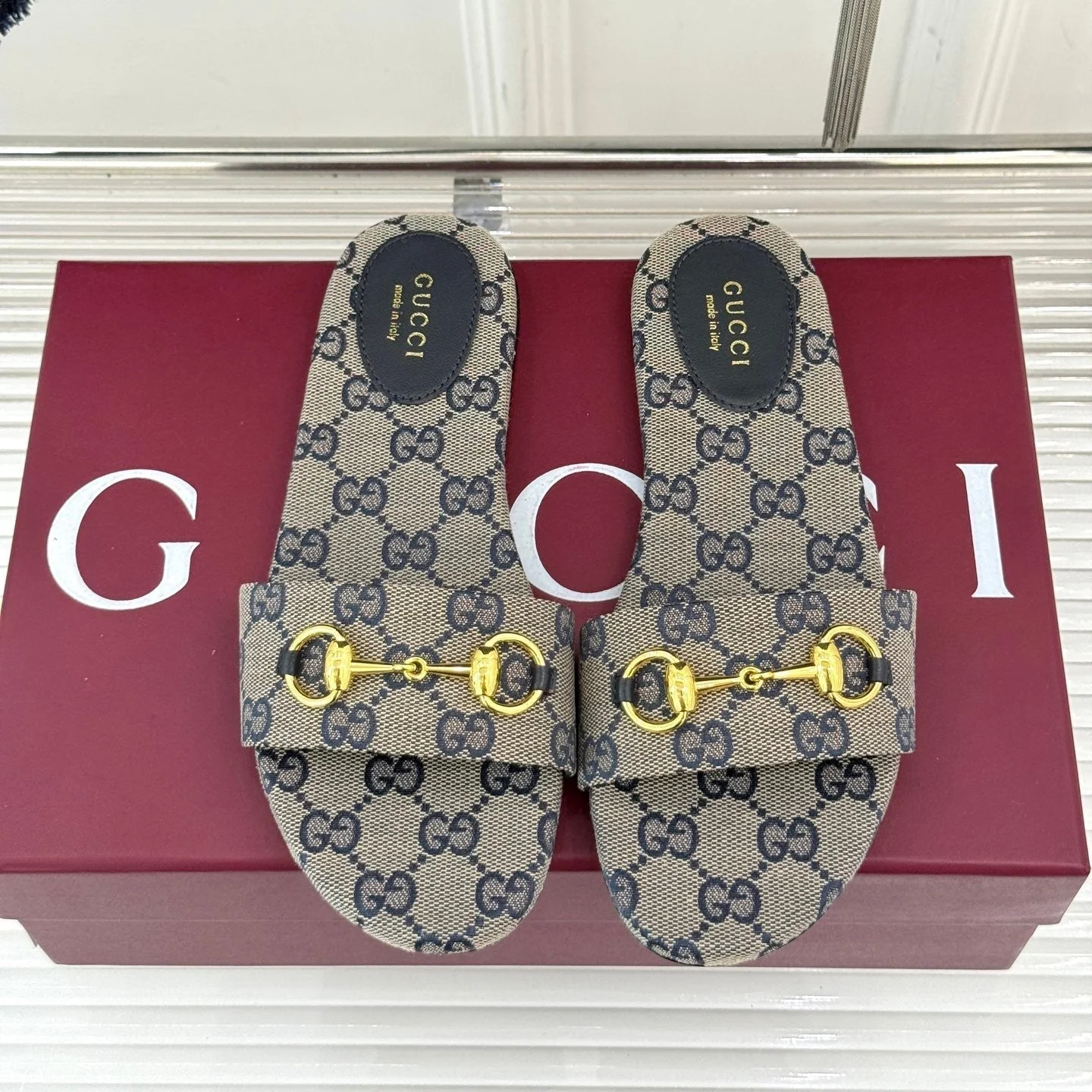SLIDE SANDALS IN WARM BEIGE FABRIC EMBOSSED LOGO