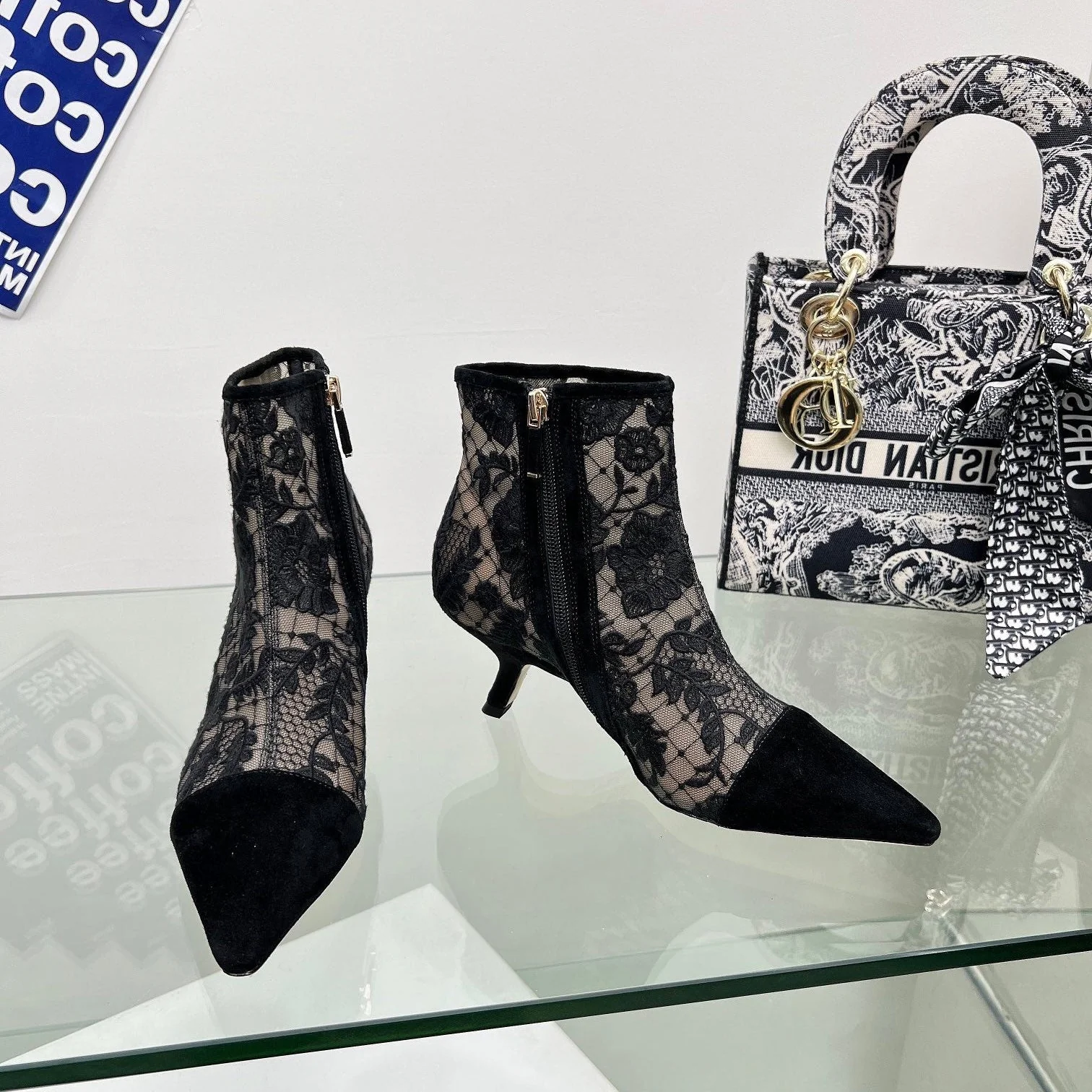 DIOR 25S POINTED-TOE ANKLE BOOTS 50 MM IN BLACK MESH TULLE AND SUEDE