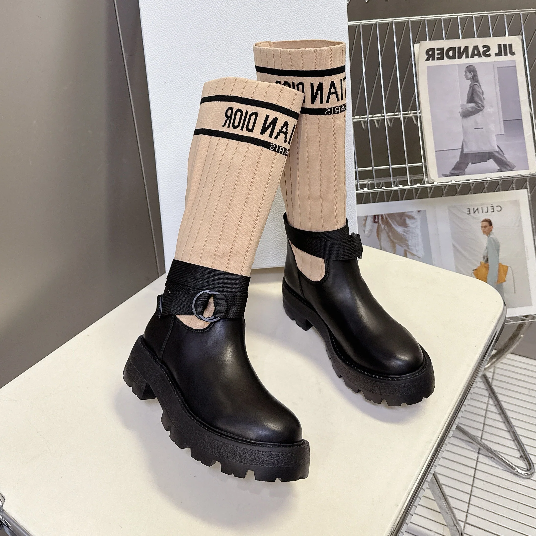 DIOR 25S D-MAJOR ANKLE BOOTS IN BLACK CALFSKIN AND LIGHT BEIGE FABRIC