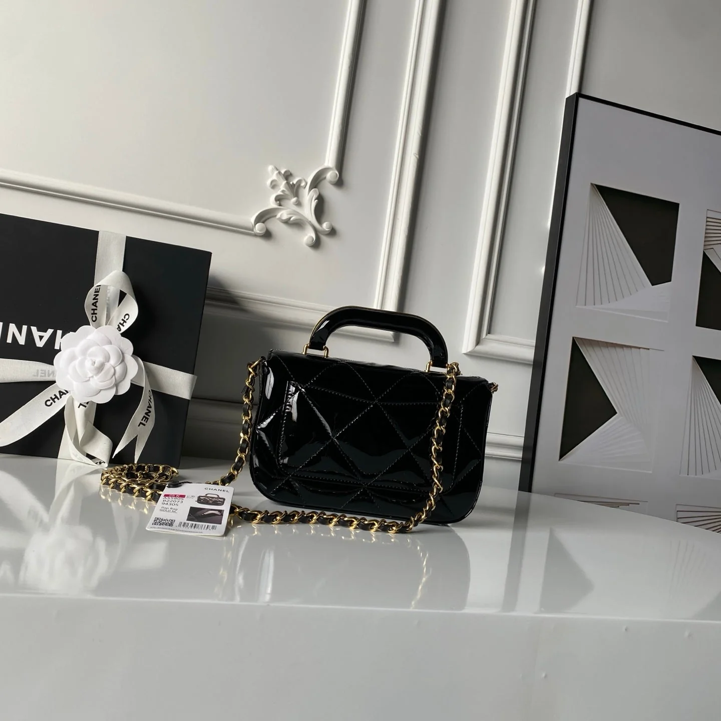 CHANEL 25S FLAP BAG 18 IN BLACK GLOSSY CALFSKIN