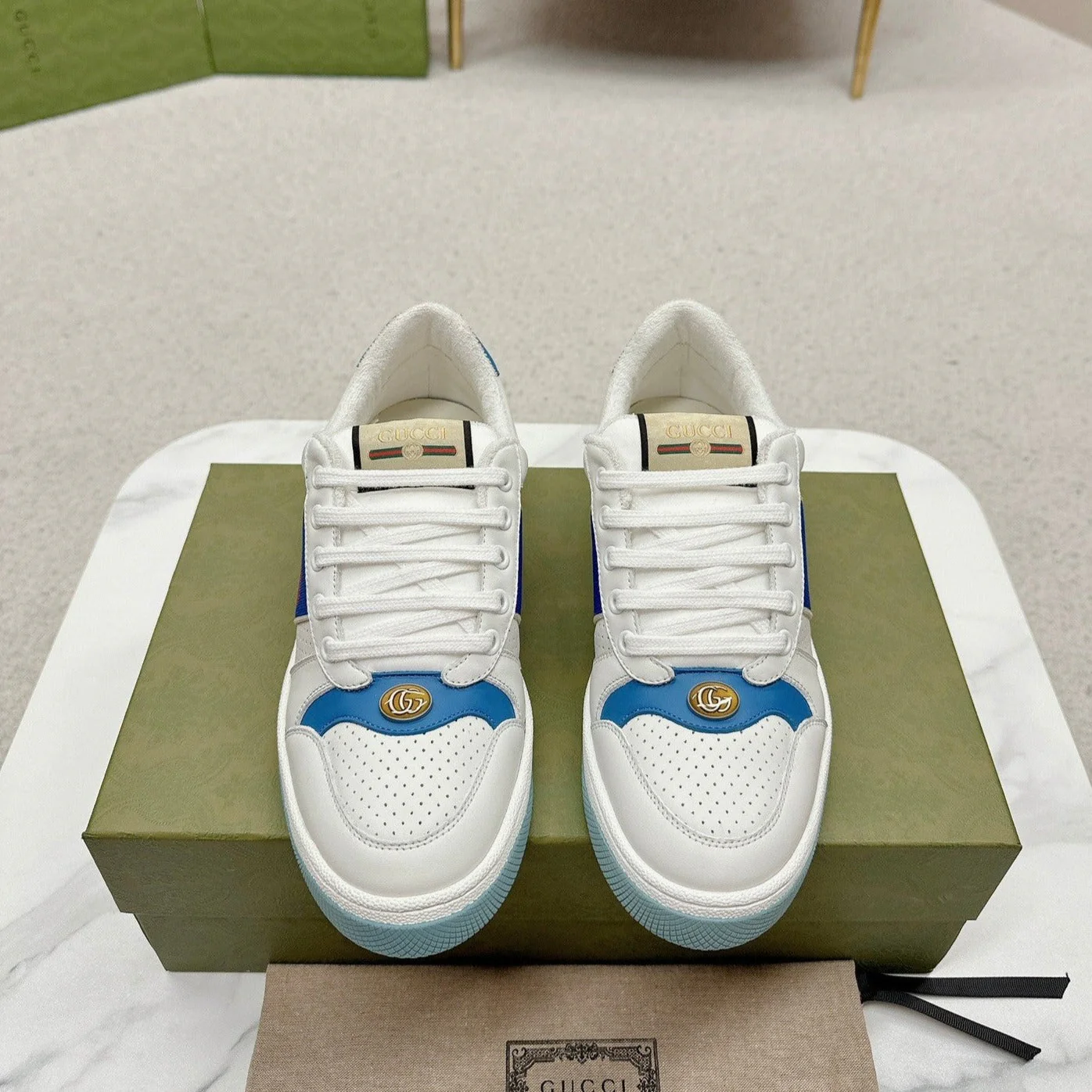 GG WOMEN'S SCREENER TRAINER WHITE AND BLUE CALFSKIN