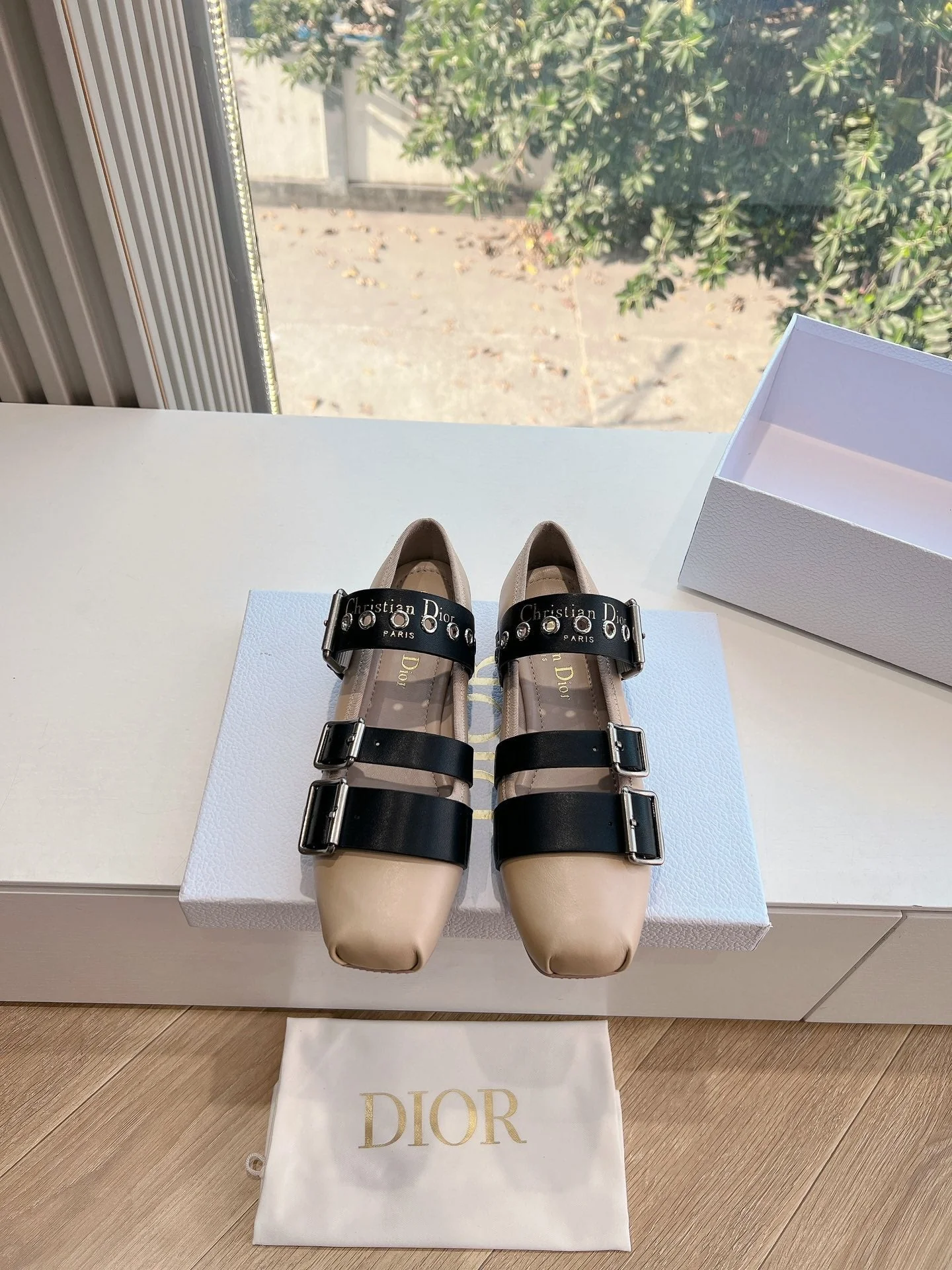 PUNK BALLET FLAT IN CAMEL BEIGE MIX BLACK SUPPLE CALFSKIN