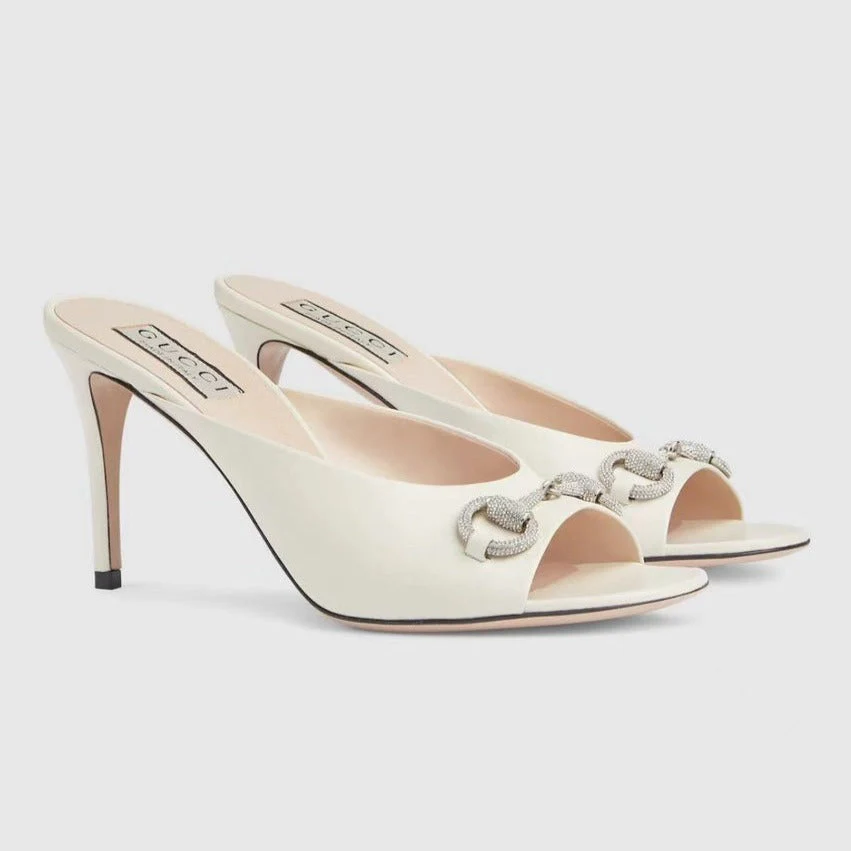 GG  Women's Horsebit mid-heel slide sandal in White