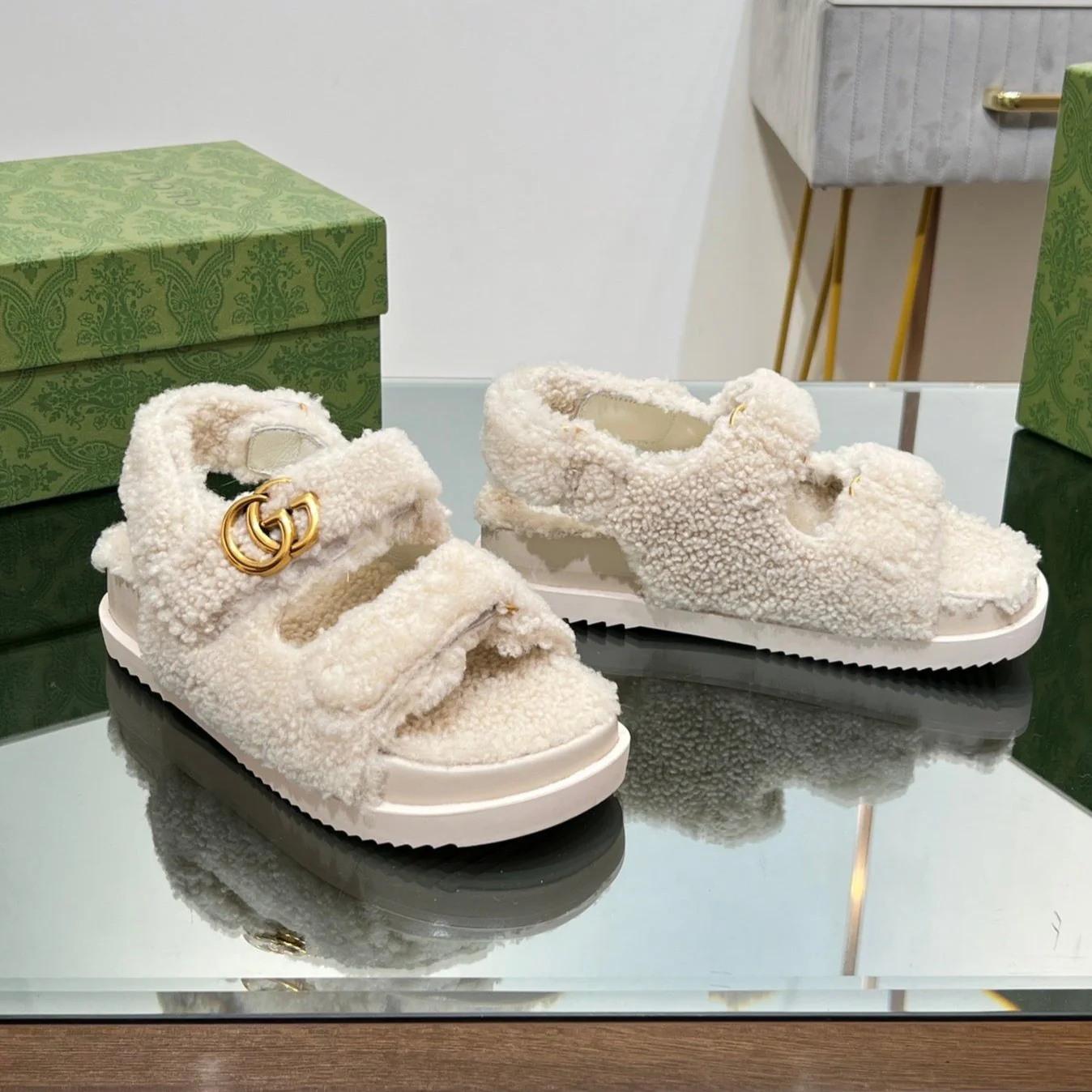 DAD SANDALS IN WHITE FLEECE WITH GOLD HARDWARE