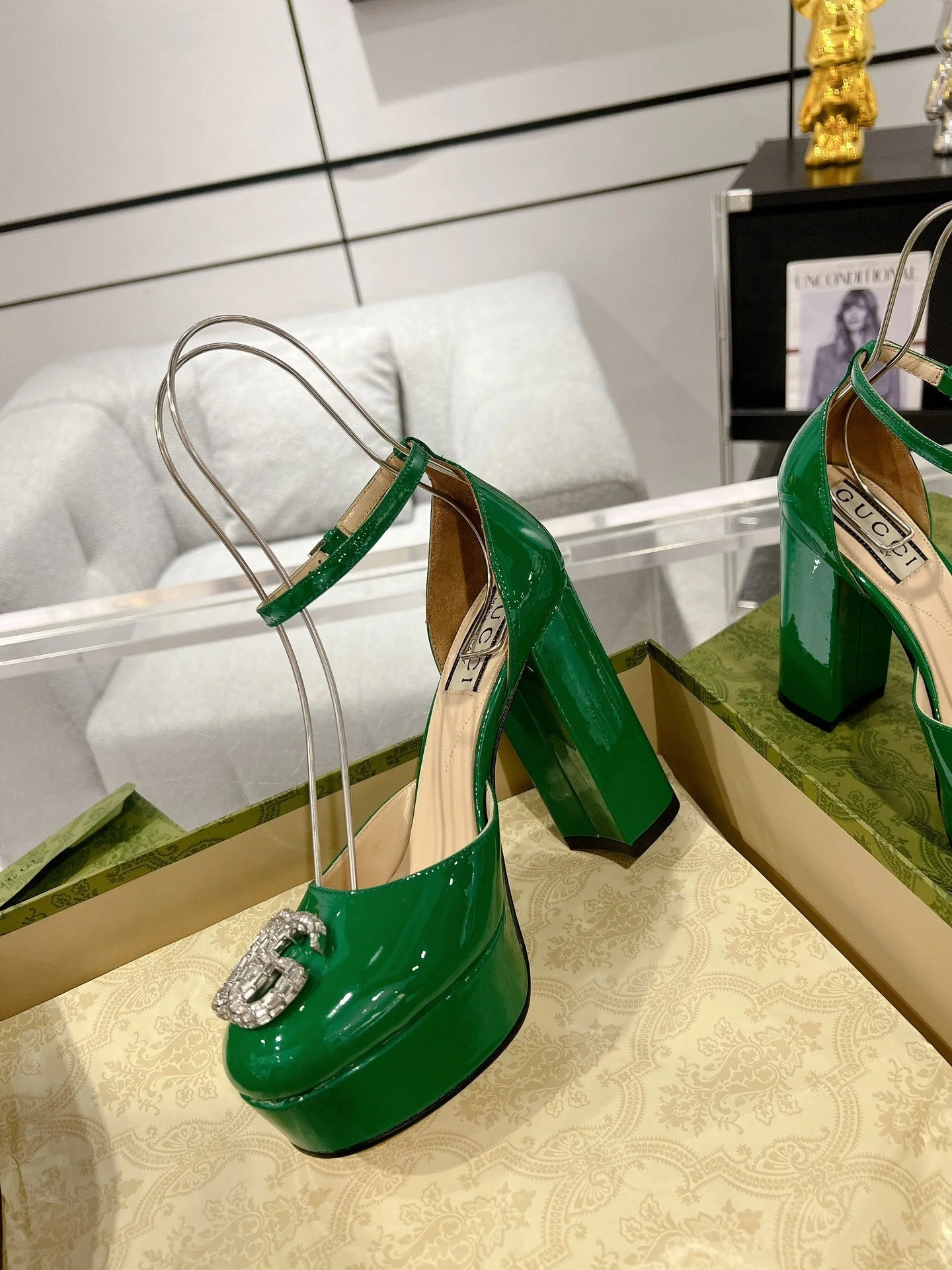 HIGH SANDAL SQUARE HEEL 12 CM IN DARK GREEN CALFSKIN