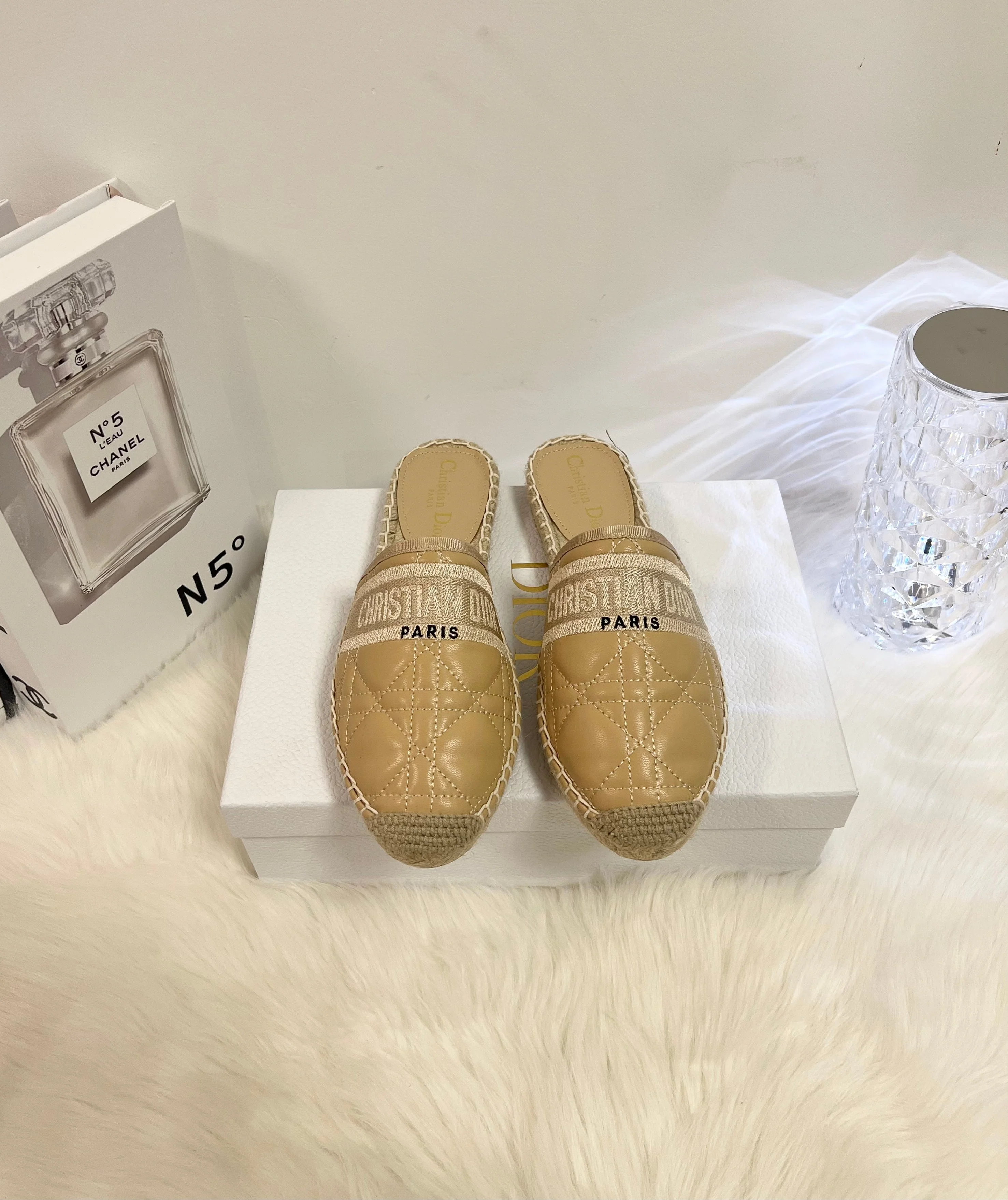 GRANVILLE ESPADRILLE MULE CAMEL BEIGE QUILTED CANNAGE CALFSKIN