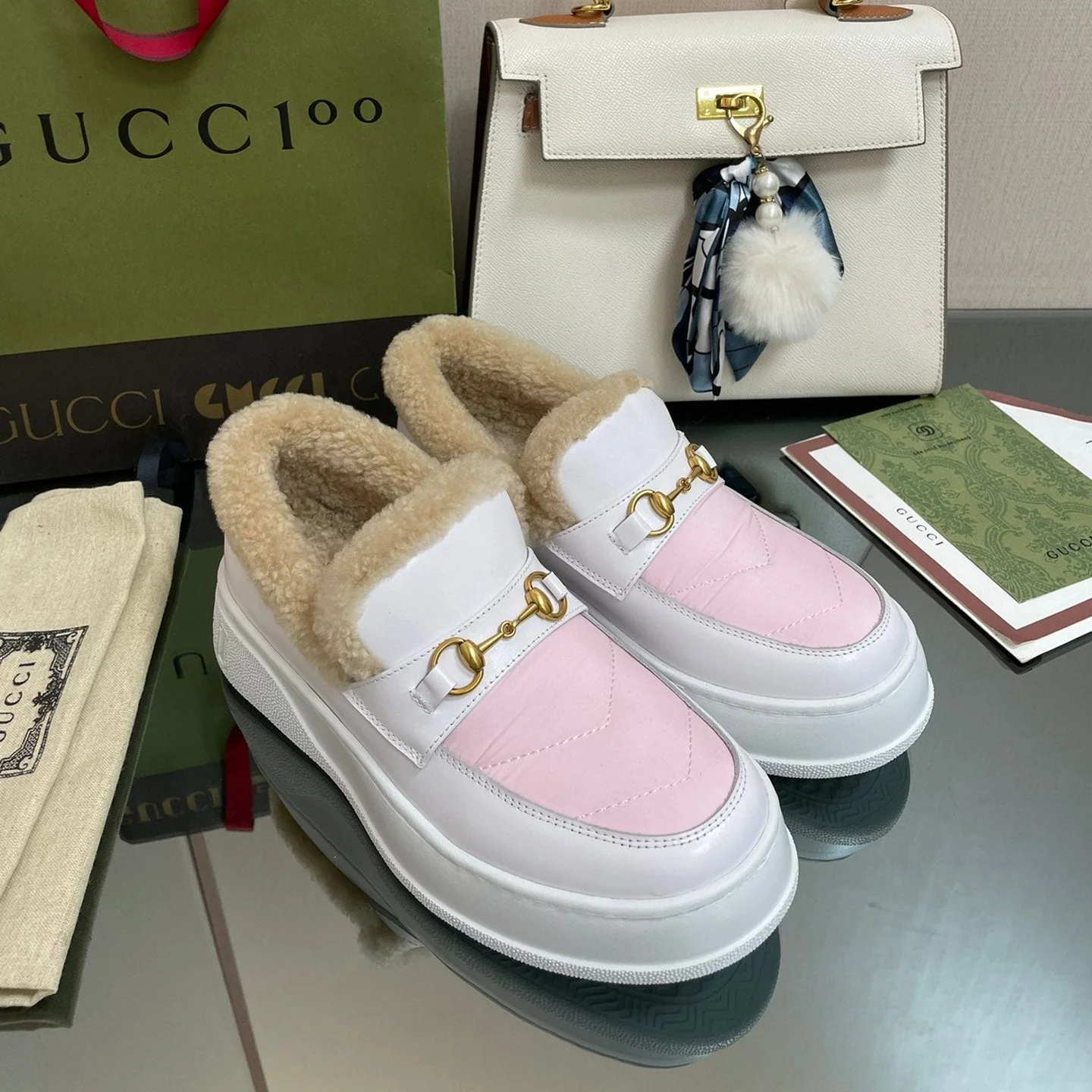 GG LOAFER IN WHITE MIX LIGHT PINK CALFSKIN WITH BEIGE WOOL LINING