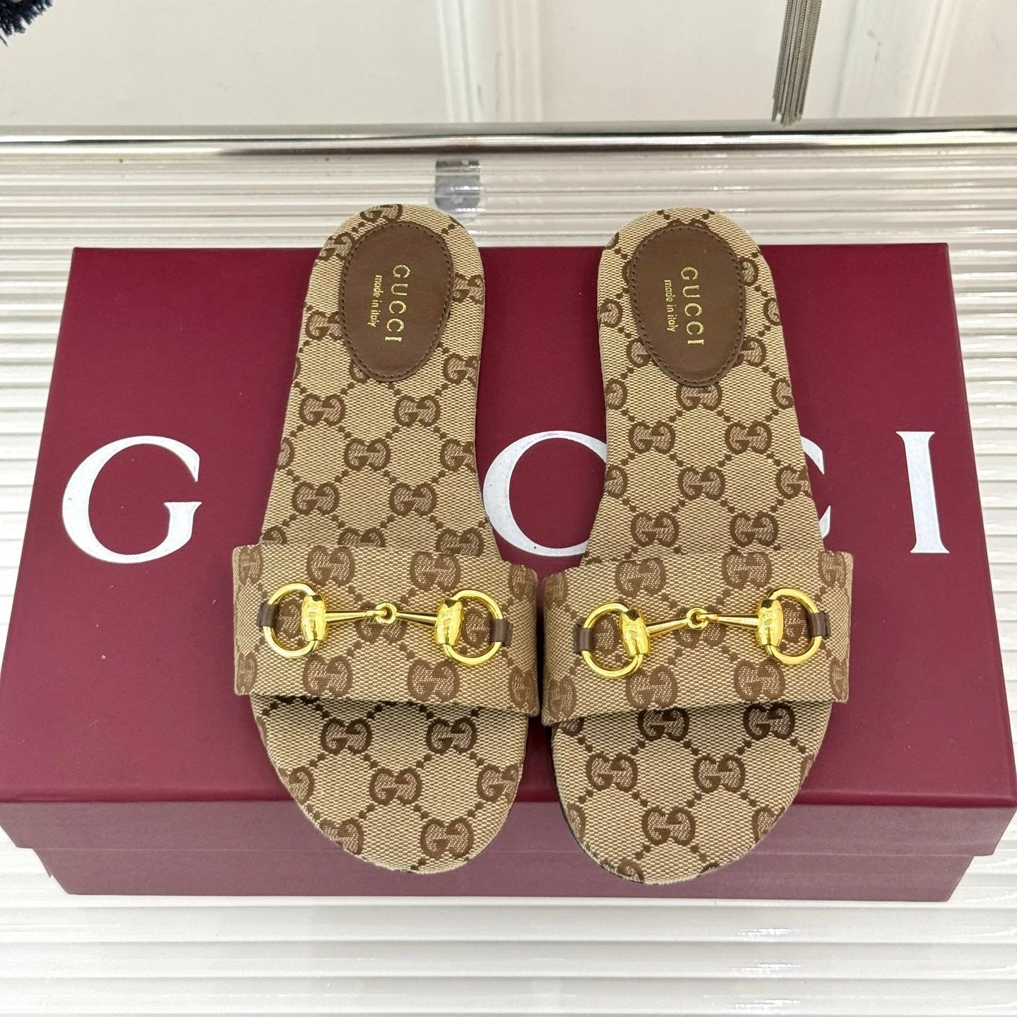 SLIDE SANDALS IN DARK BEIGE FABRIC EMBOSSED LOGO