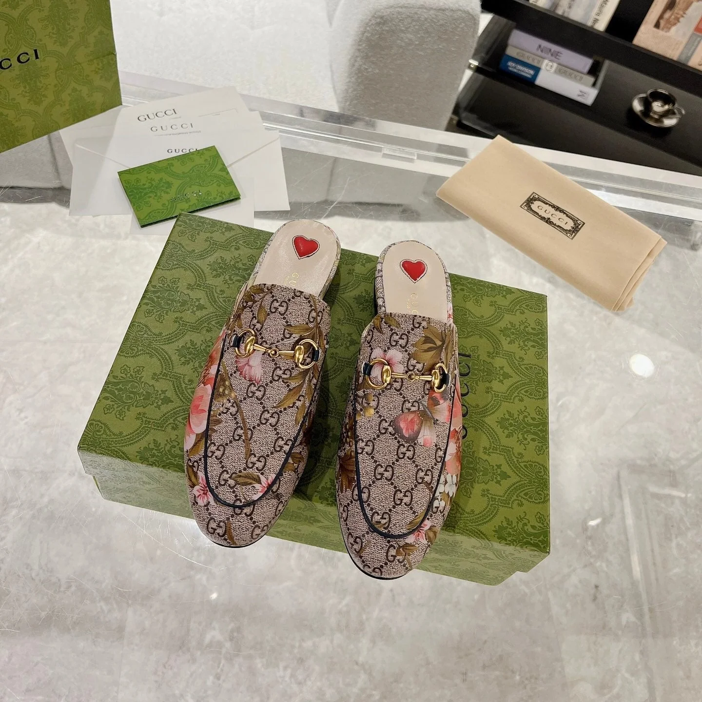 HORSEBIT FLOWER SLIPPER MULE IN DARK BEIGE MONOGRAM JACQUARD FABRIC