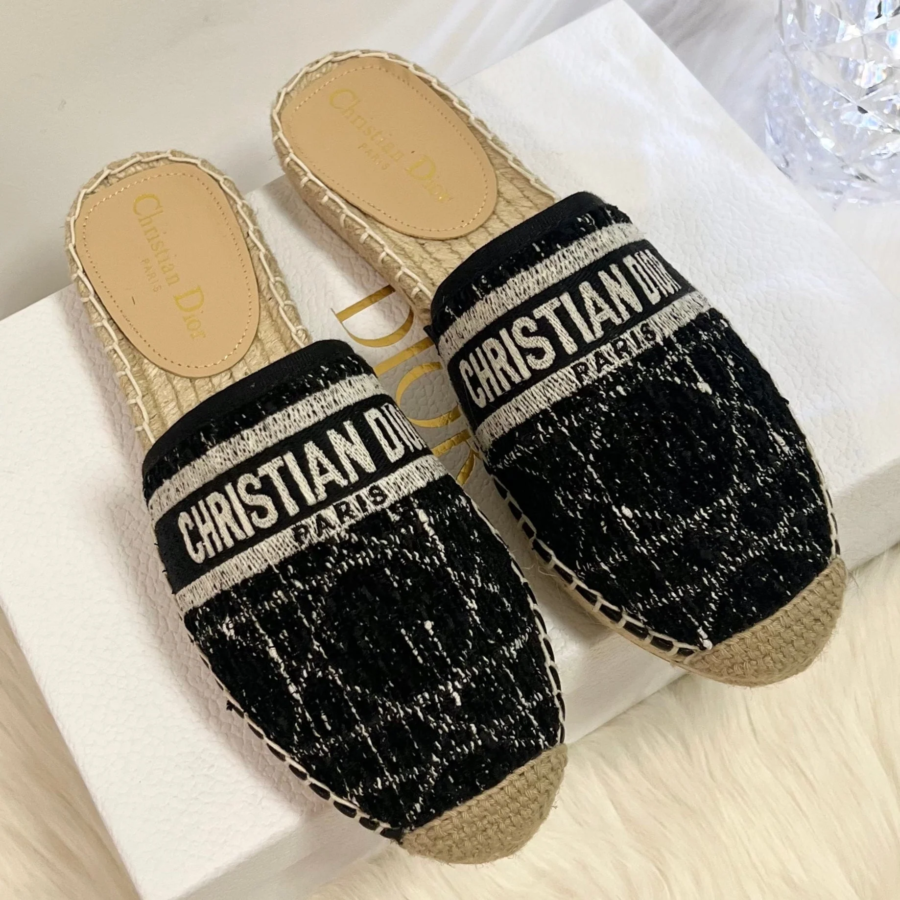 GRANVILLE ESPADRILLE BLACK OBLIQUE EMBROIDERED COTTON MULE