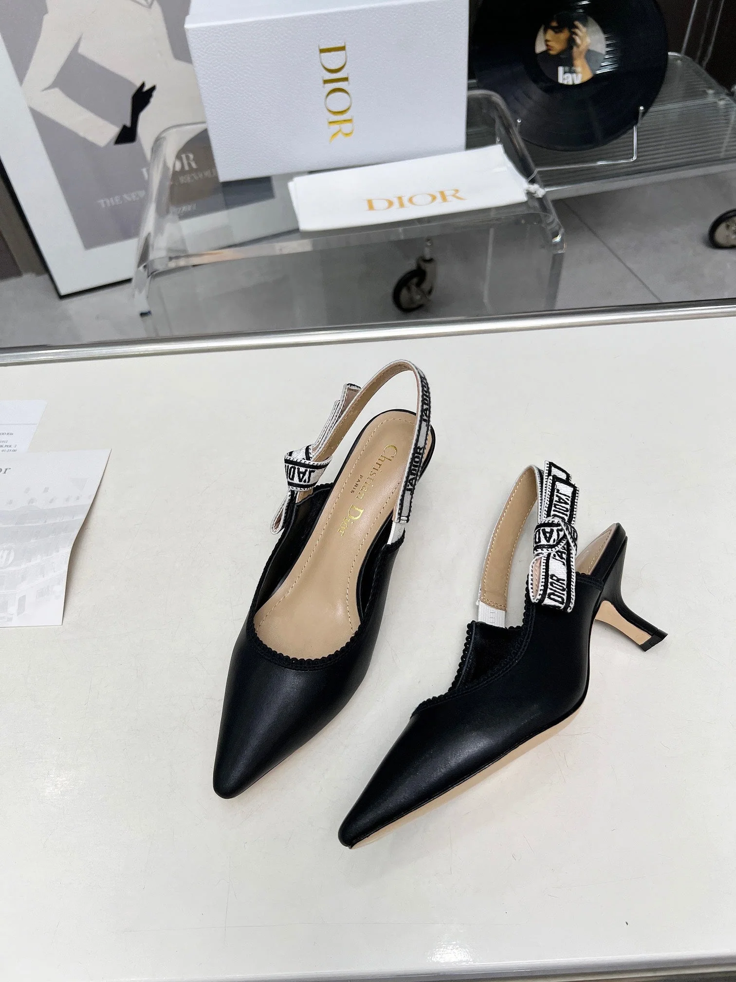 J'ADIOR SLINGBACK PUMP BLACK CALFSKIN AND EMBROIDERED FABRIC 65 MM