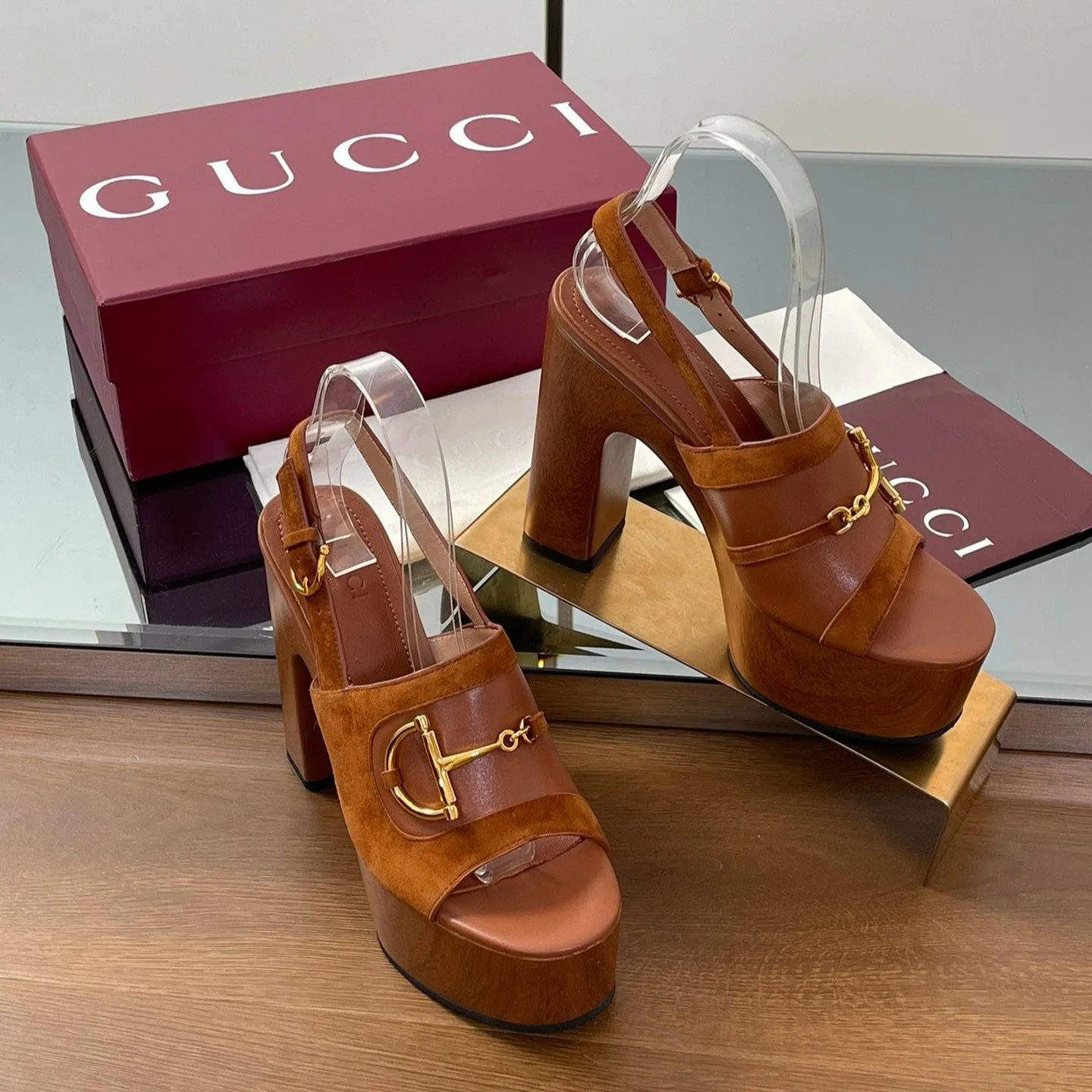HIGH HEEL SANDALS 13 CM IN BROWN CALFSKIN MIX SUEDUE GOLD HARDWARE
