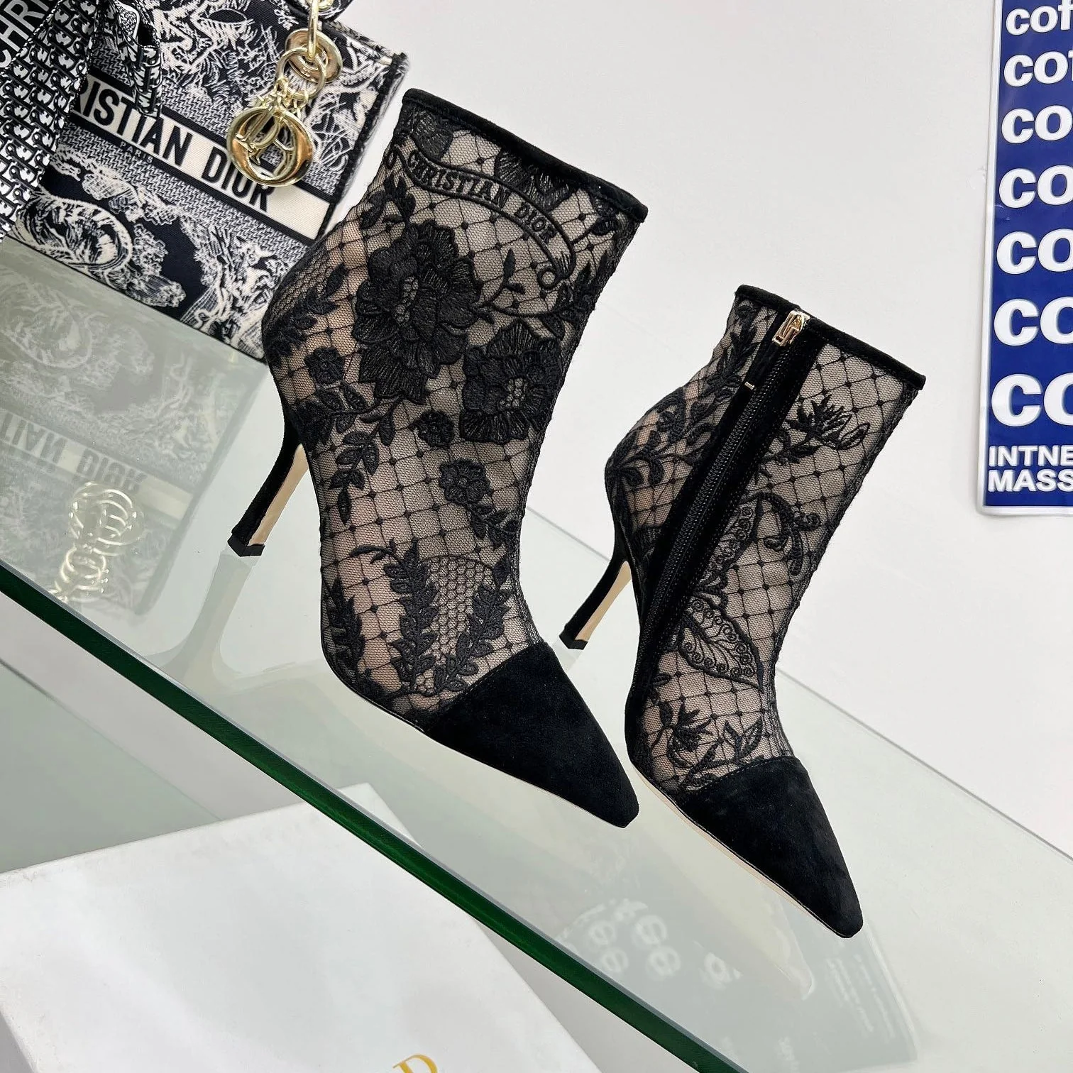 DIOR 25S POINTED-TOE ANKLE BOOTS 95 MM IN BLACK MESH TULLE AND SUEDE