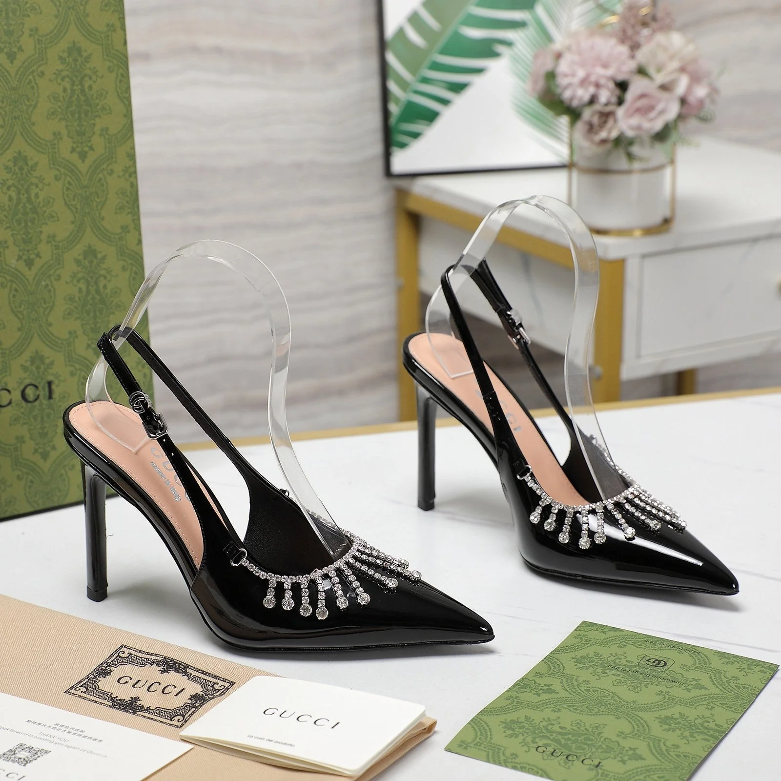 GG CRYSTAL HIGH HEEL SANDAL BLACK LAMBSKIN