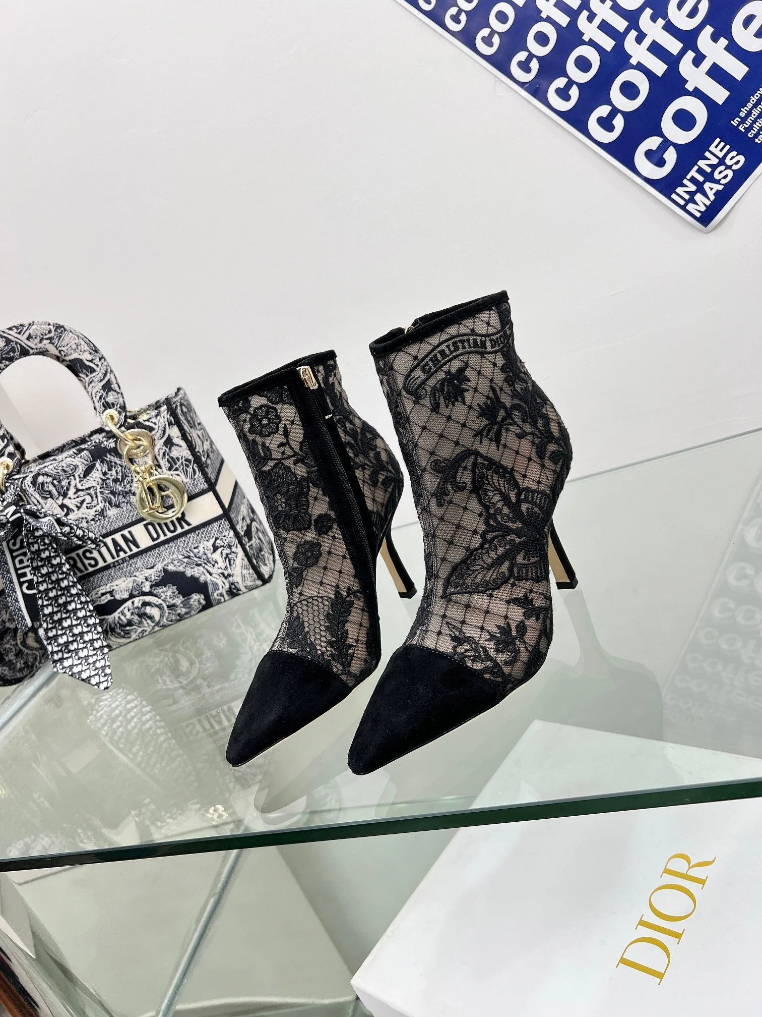 DIOR 25S POINTED-TOE ANKLE BOOTS 95 MM IN BLACK MESH TULLE AND SUEDE STYLE 1