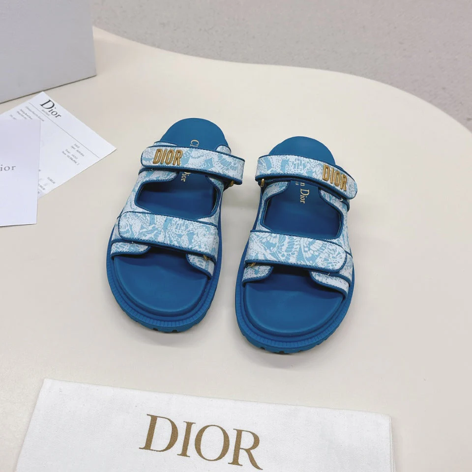 DIOR CLASSIC DOUBLE-STRAP SLIDES 25S IN OCEAN BLUE FABRIC AND CALFSKIN
