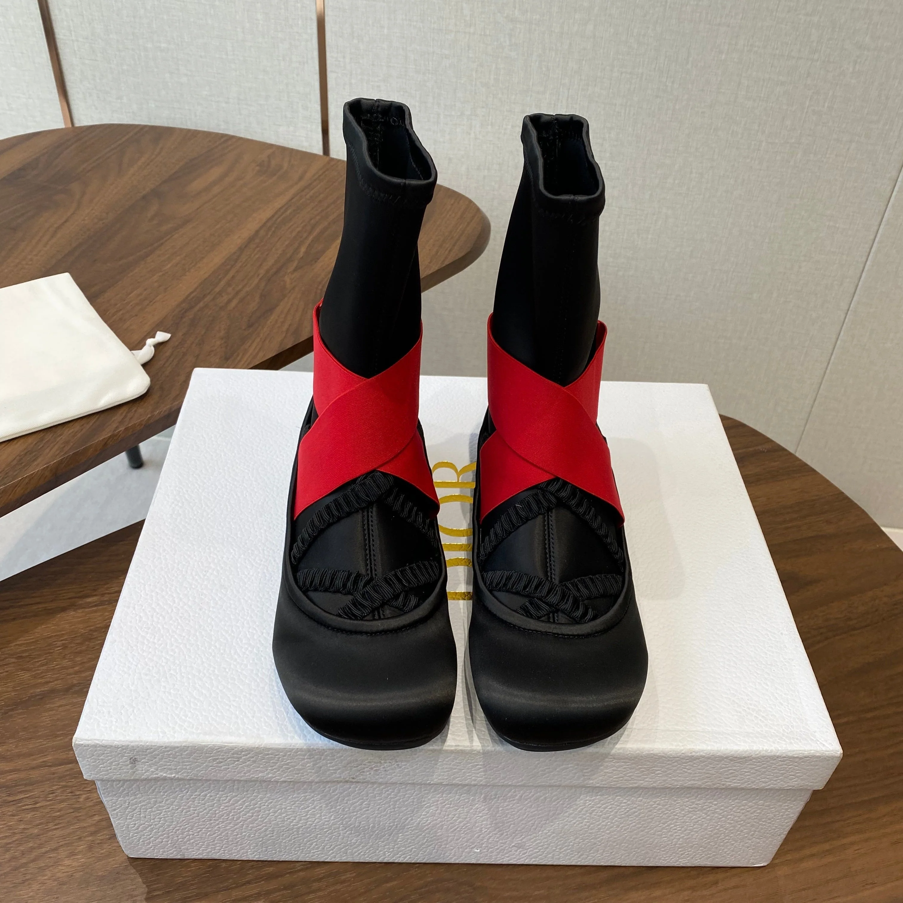 DIOR 25S STRETCH BALLET BOOTS IN BLACK AND RED SATIN