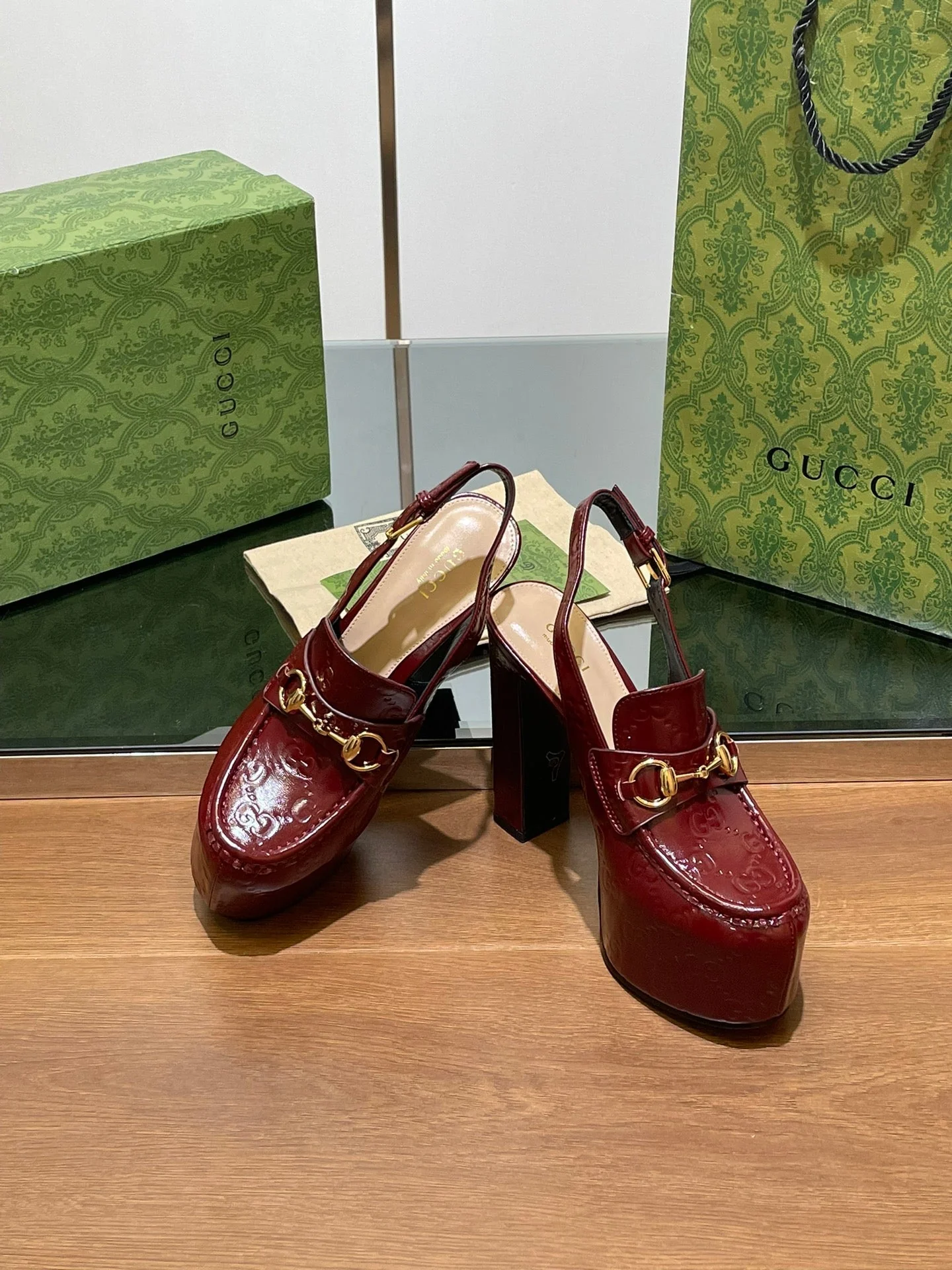 GG WOMEN'S HORSEBIT PLATFORM LOAFER SLINGBACK IN  ROSSO ANCORA RED CALFSKIN