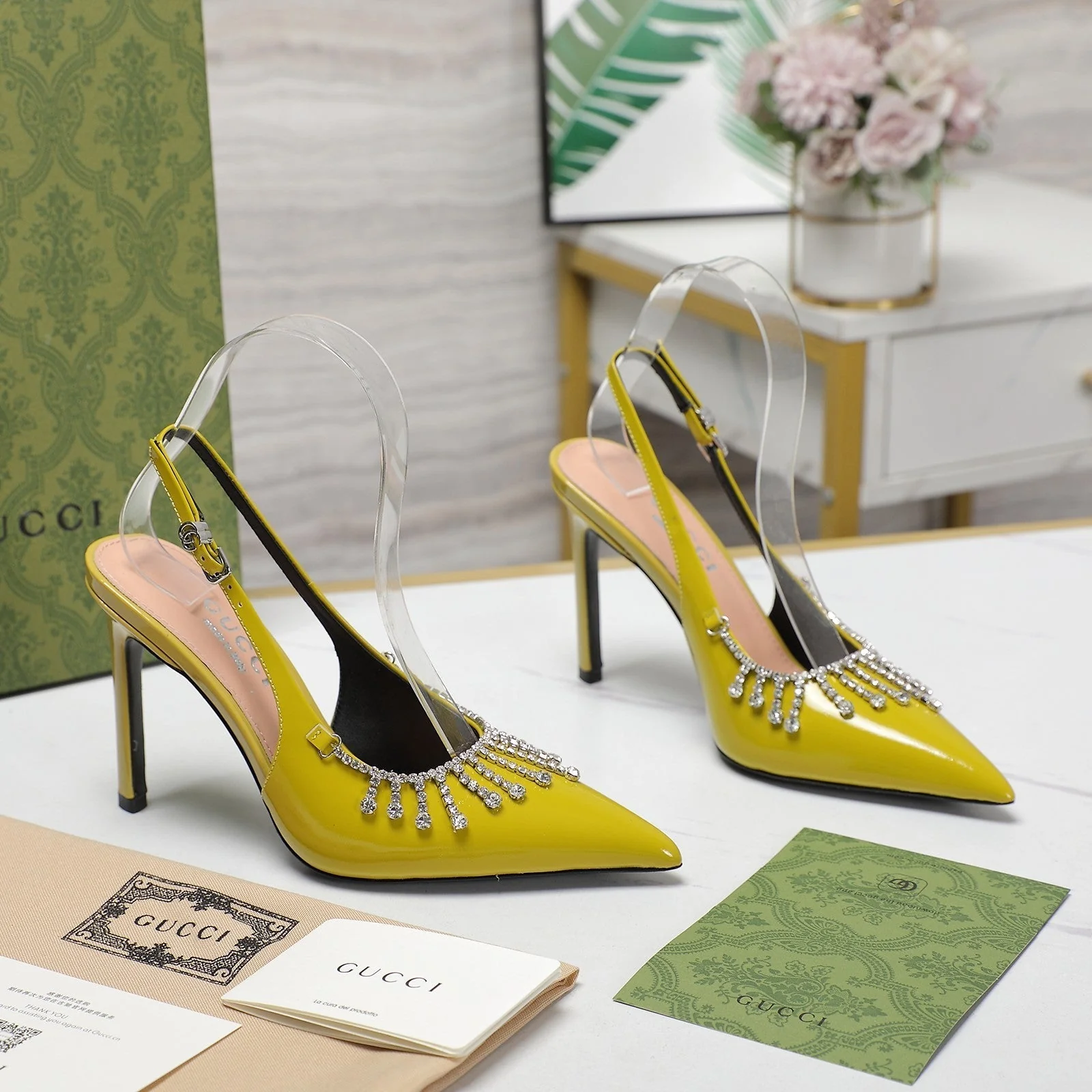 GG CRYSTAL HIGH HEEL SANDAL LEMON LAMBSKIN