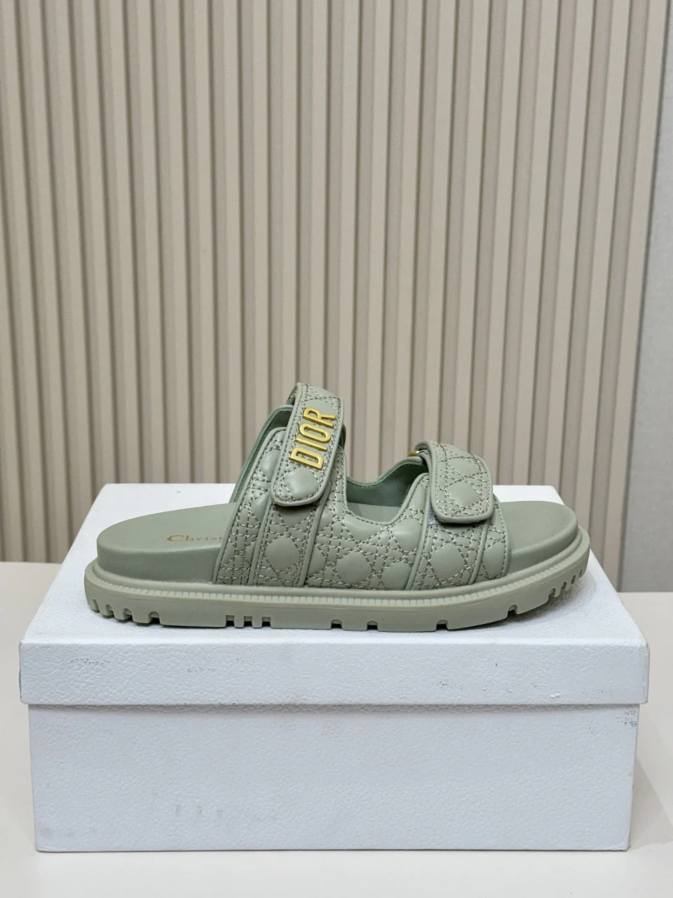 DIOR CLASSIC DOUBLE-STRAP SLIDES 25S IN PALE TEAL GRAY CALFSKIN