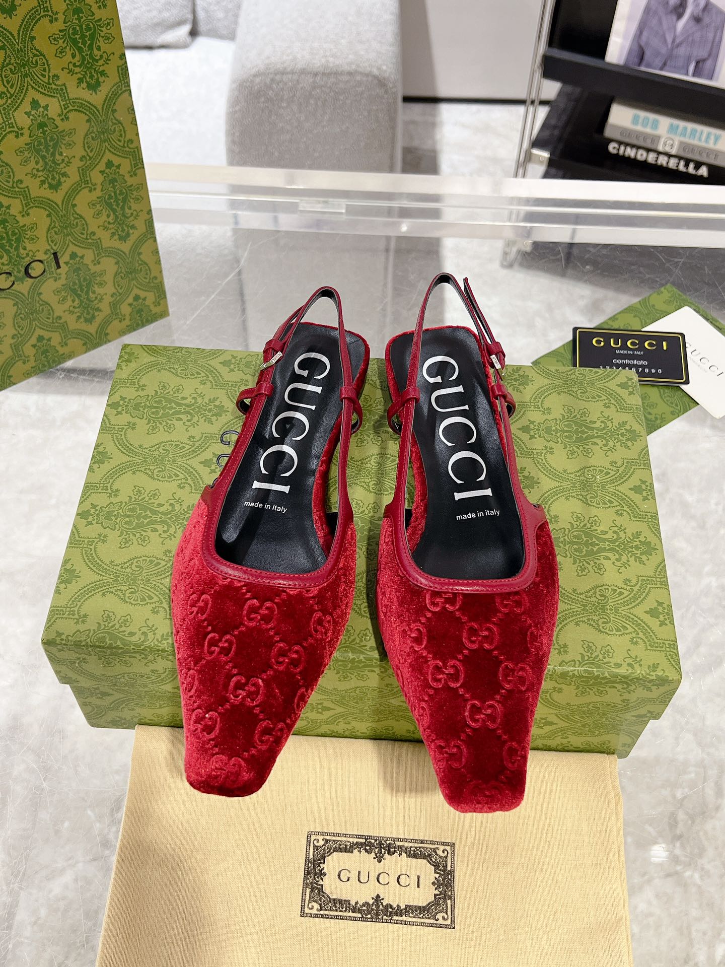 SLINGBACK FLATS IN CHERRY RED VELVET