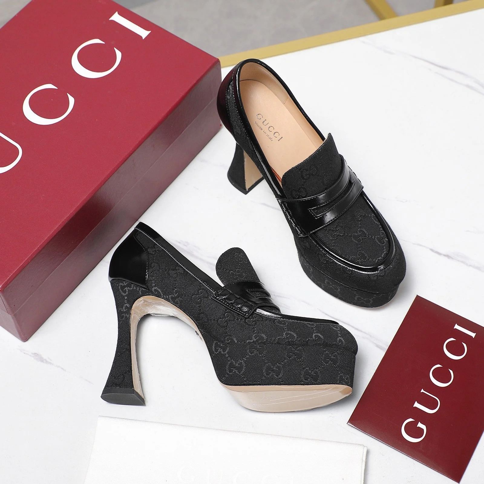 GG CLASSIC HIGH HEELS 110 IN BLACK WITH LOGO PRINT
