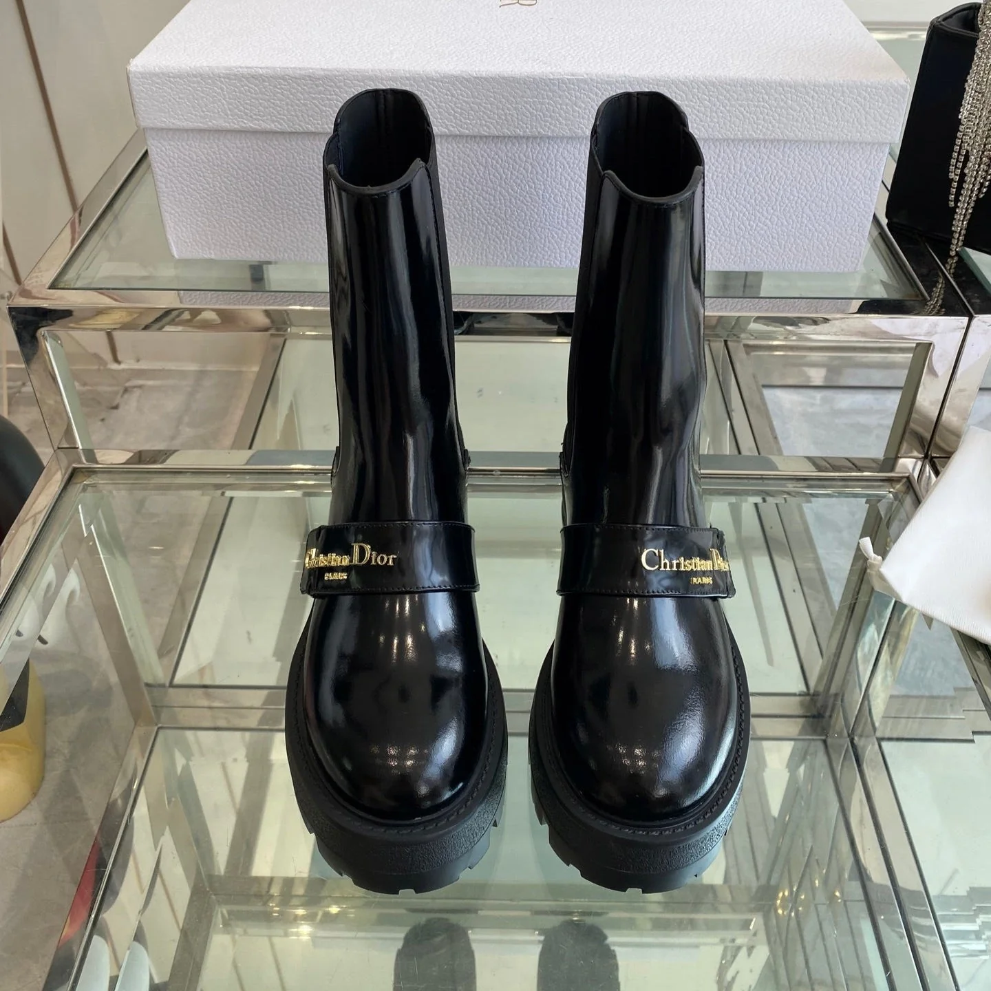 DIOR 25S D-QUEST ANKLE BOOT 35MM IN BLACK GLOSSY CALFSKIN GOLD HARDWARE