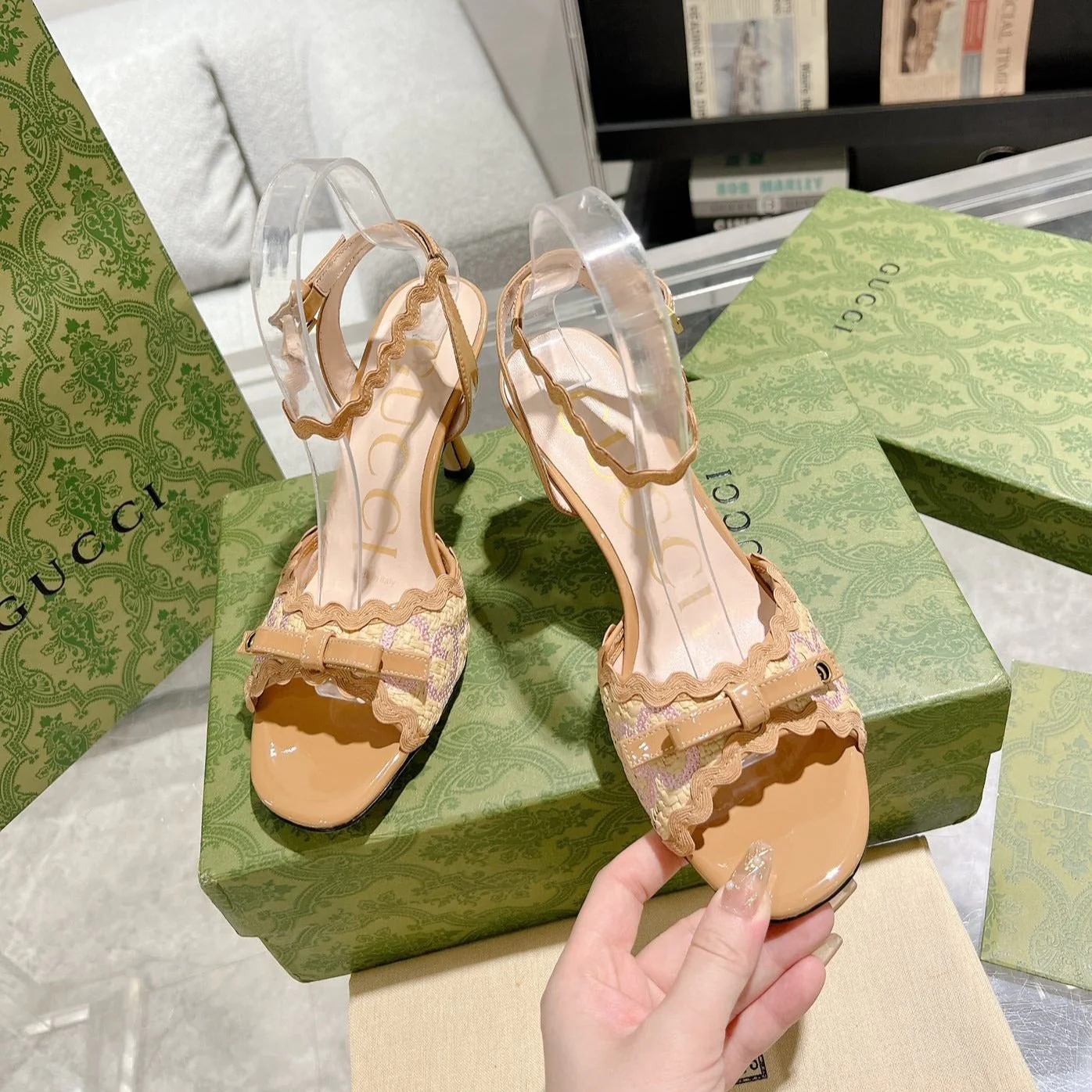 GG HIGH - HEEL SANDAL TAWNY FABRIC ATTACH BOW