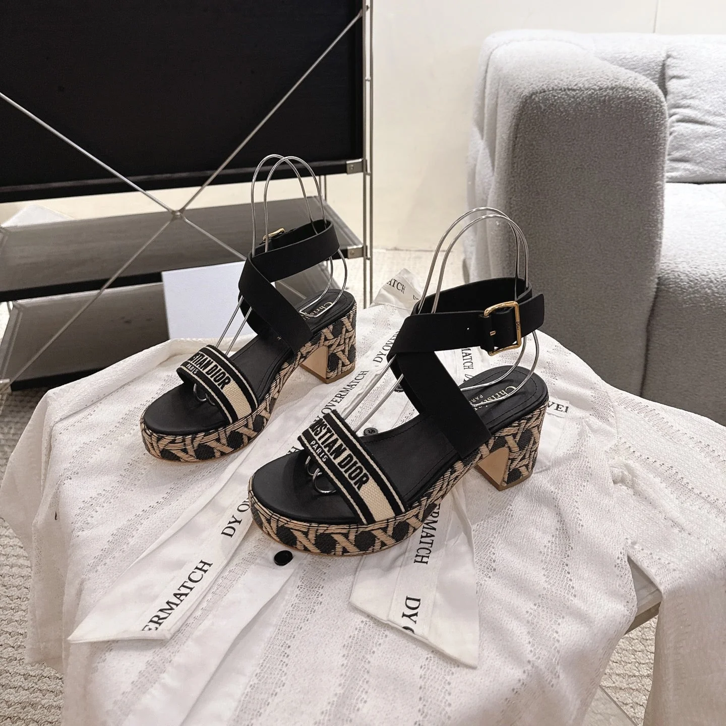 DIORACT SANDALS IN BLACK AND BEIGE EMBROIDERY AND CALFSKIN
