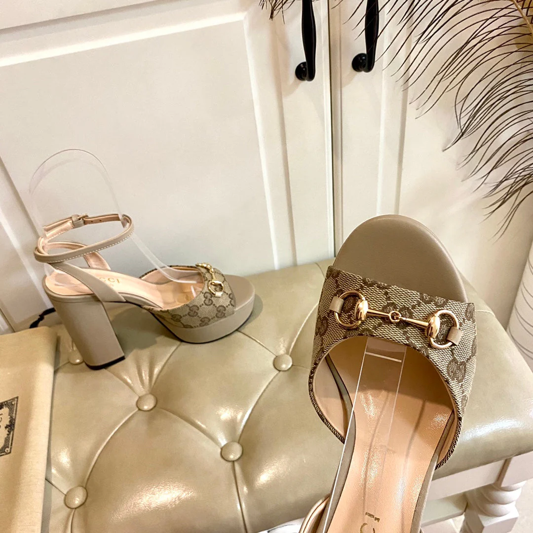 GG HORSEBIT PLATFORM SANDAL IN KHAKI BEIGE MONOGRAM CANVAS AND SHEEPSKIN LINING