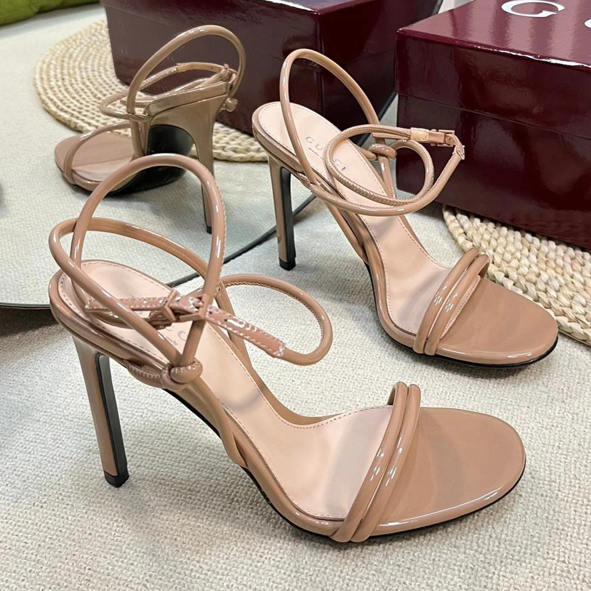 HIGH SANDAL 10 CM IN TAN BEIGE GLOSSY CALFSKIN