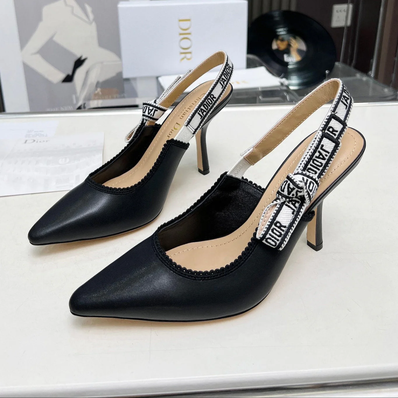 J'ADIOR SLINGBACK PUMP BLACK CALFSKIN AND BLACK EMBROIDERED FABRIC 10 CM