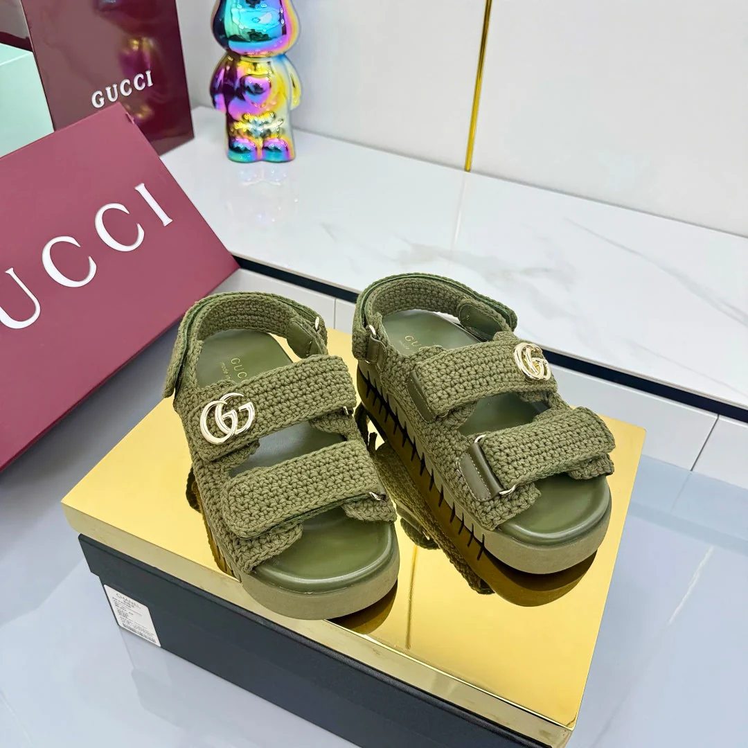 GG SANDALS 25S IN MOSS GREEN CROCHET COTTON FABRIC
