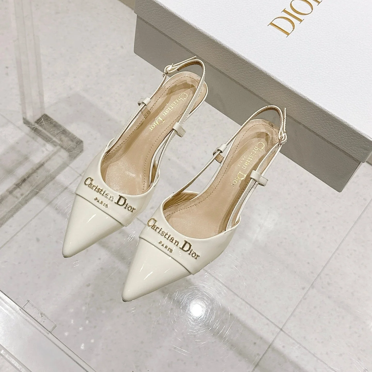 MY DD 25S SLINGBACK PUMP 50MM IN WHITE GLOSSY CALFSKIN